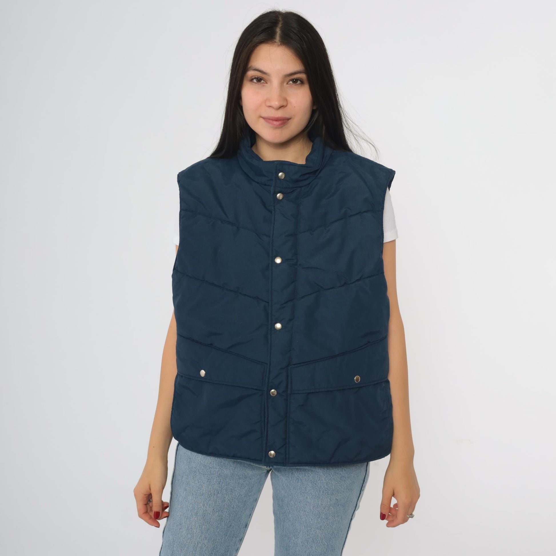 80s CB Navy Puffer Vest Quilted Nylon Snap Front Insulated Large