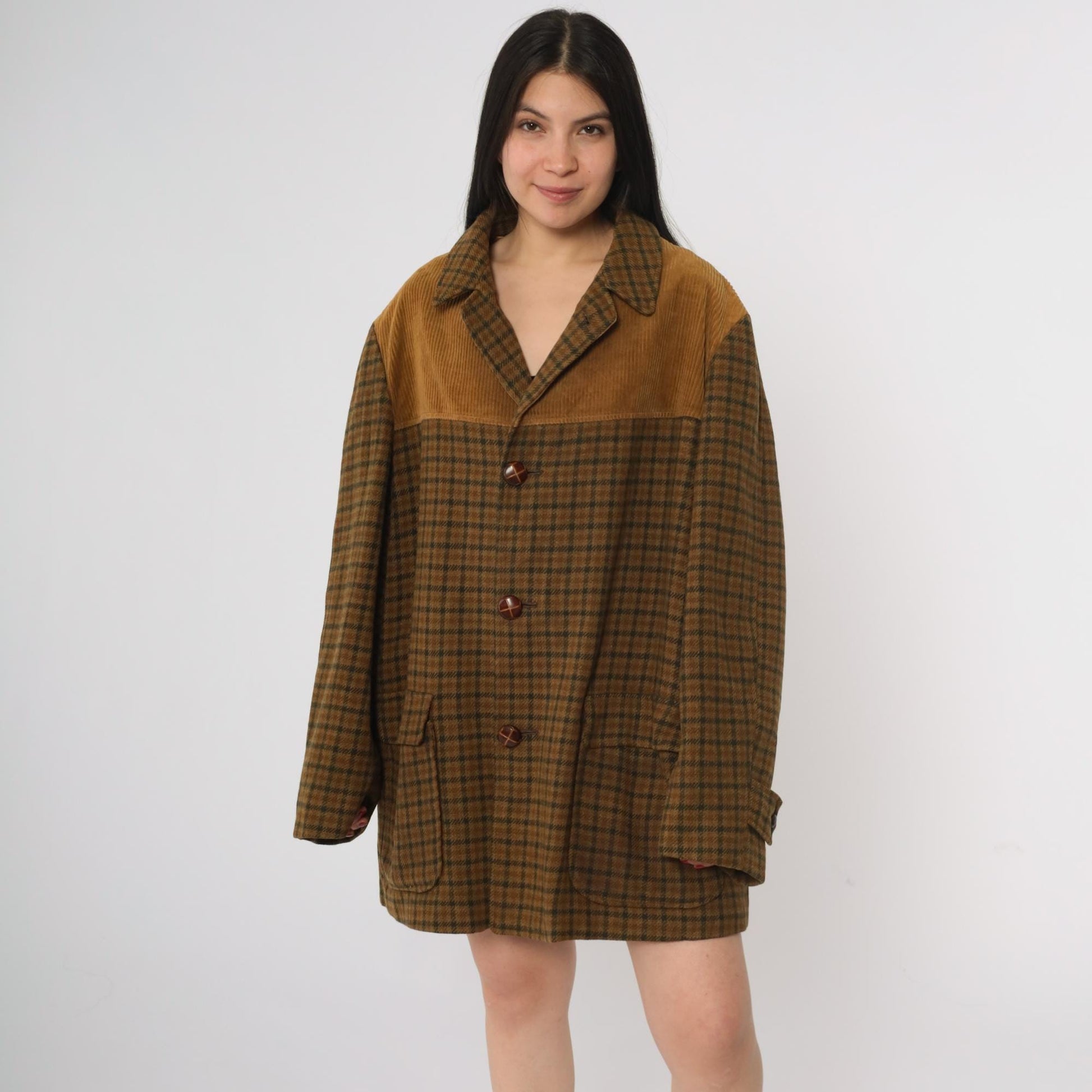 70s Brown Plaid Wool Blazer Corduroy Yoke Jacket Button Front XL