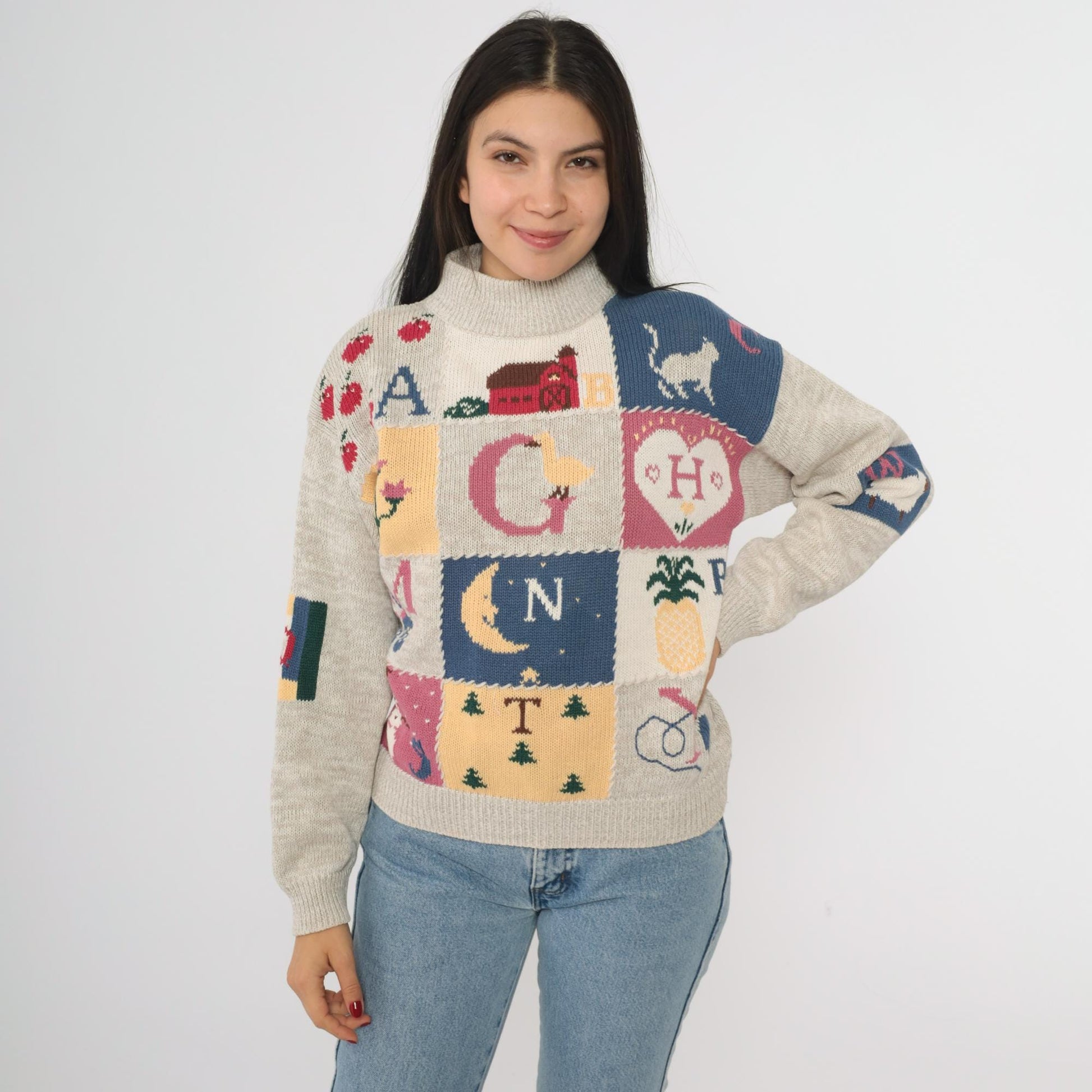 90s Woolrich Alphabet Farm Animal Patchwork Turtleneck Sweater Beige Small S