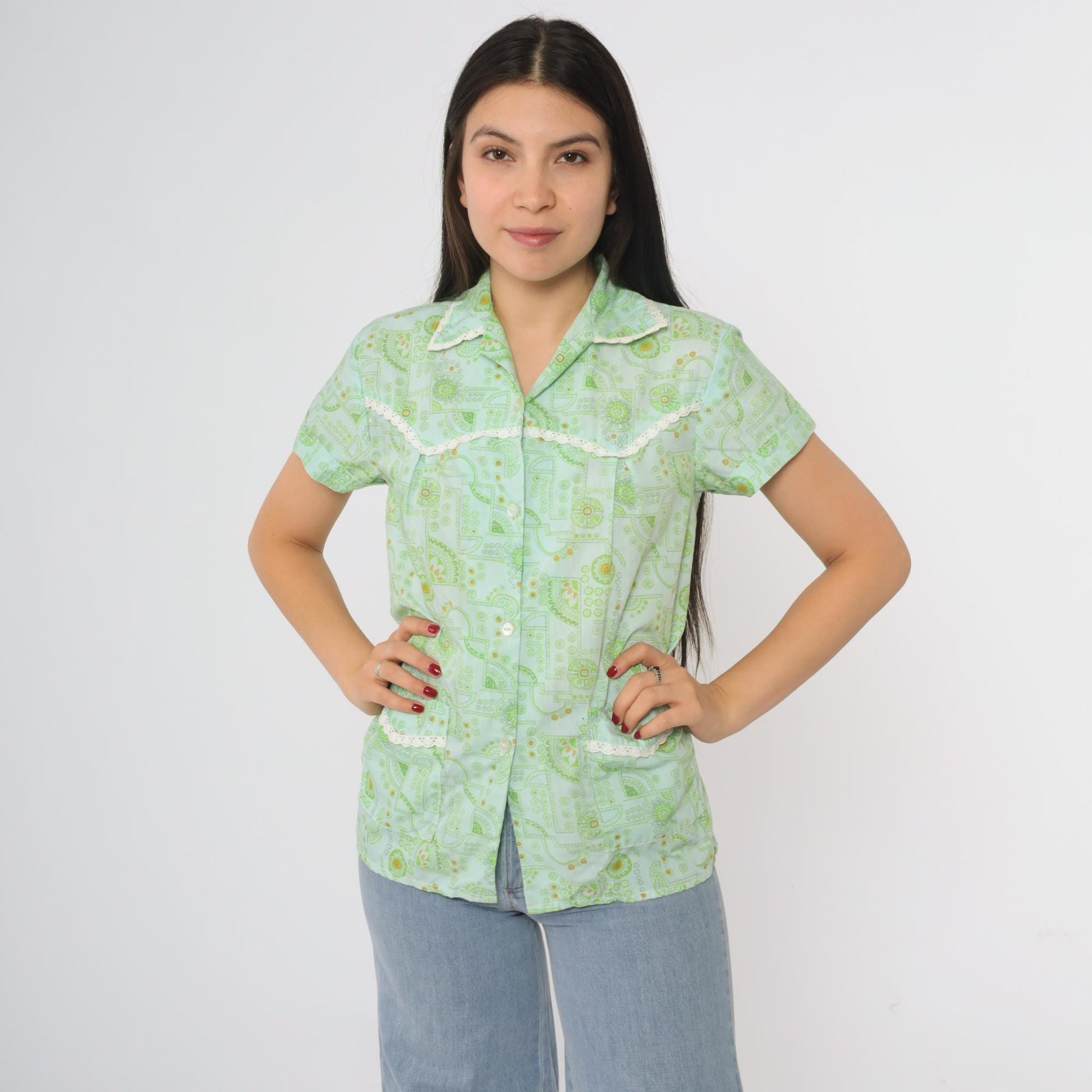 70s Sum Wah Mint Green Floral Button-Up Blouse Short Sleeve Collared Medium