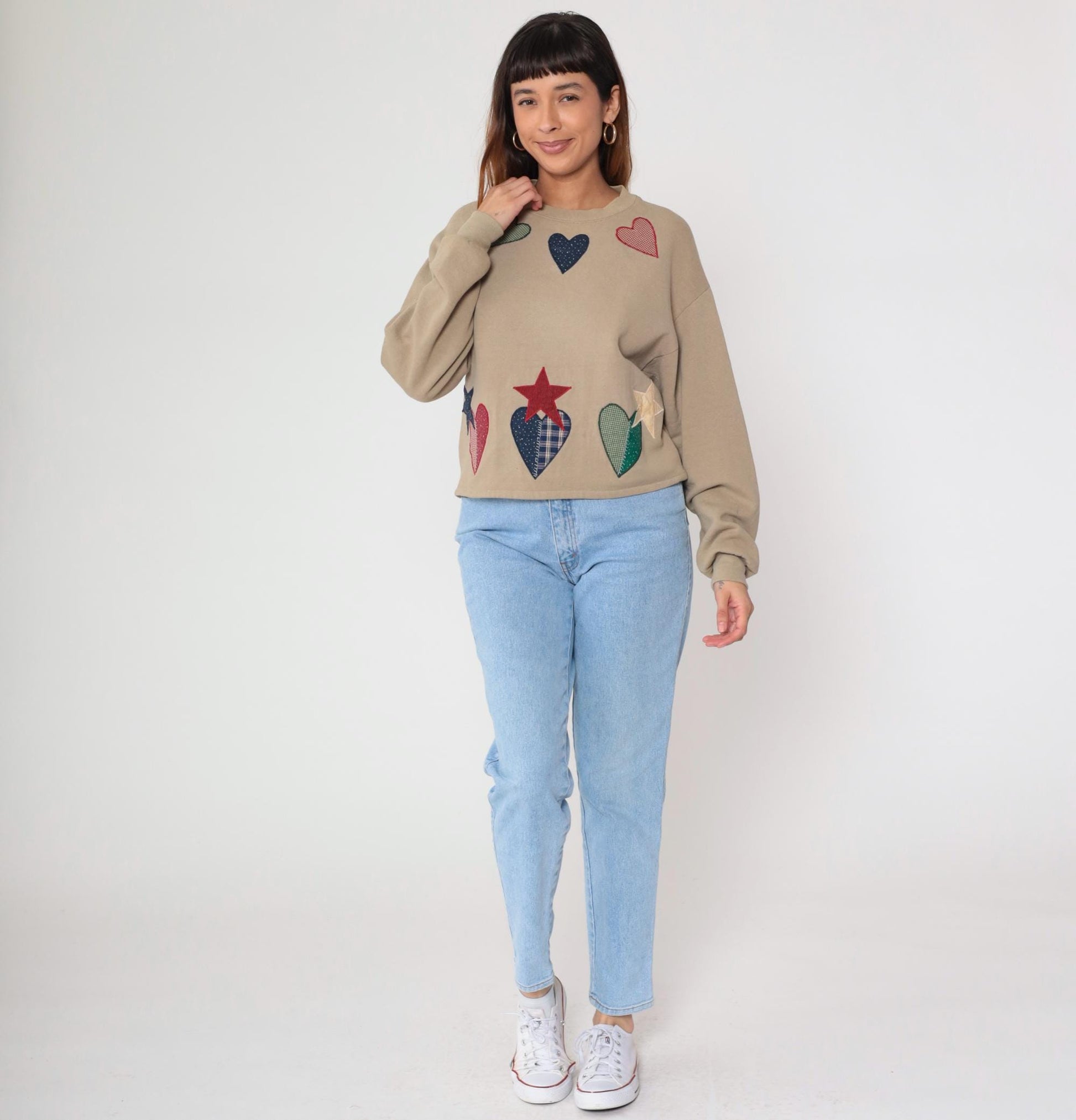 90s Patchwork Heart Applique Cropped Sweatshirt Tan Medium M
