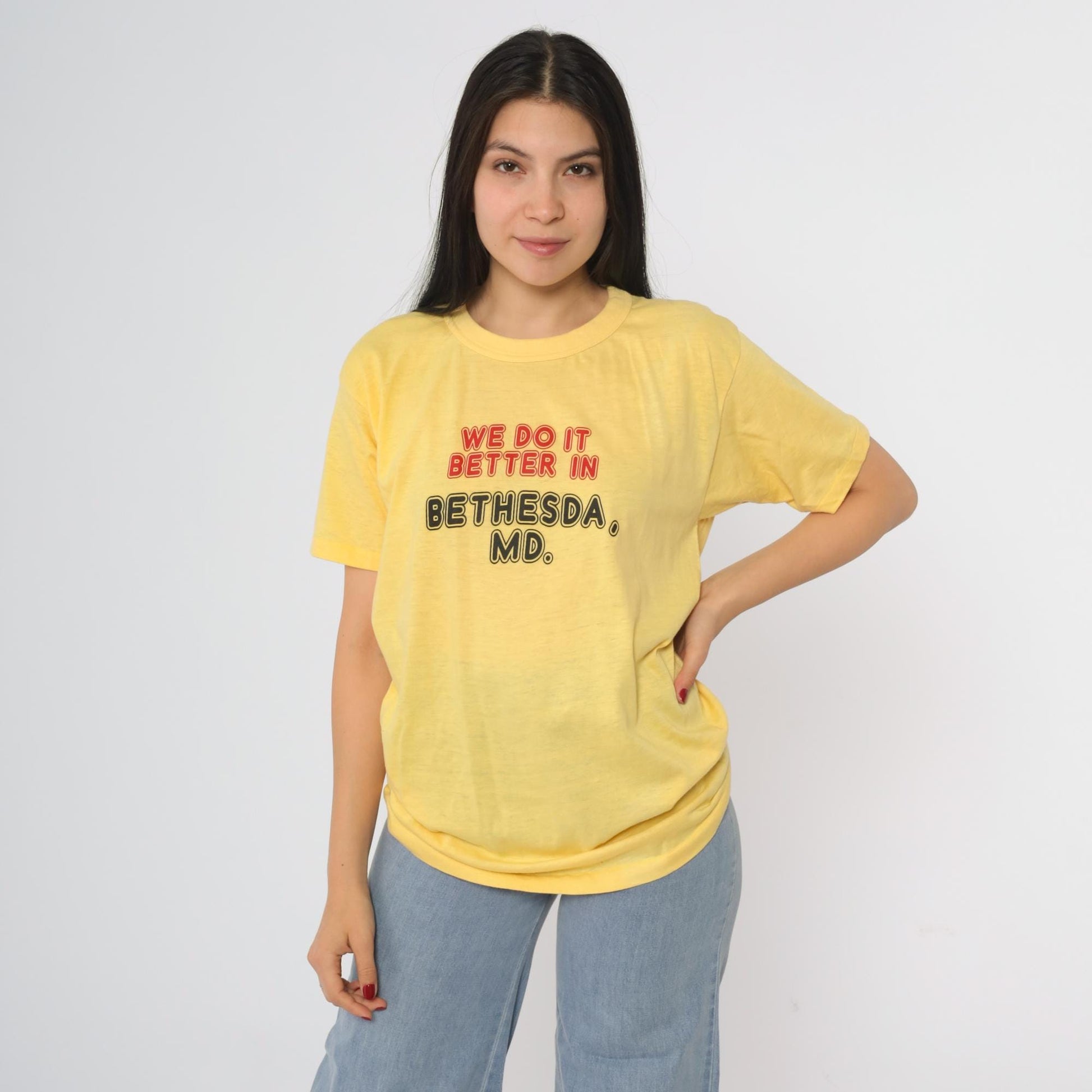 80s Bethesda Maryland Sneakers Graphic Tee Yellow We Do It Better Large