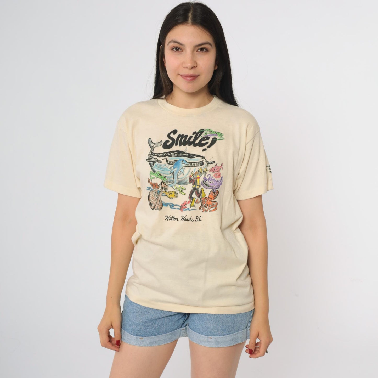 80s Hilton Head Scuba Diving T-Shirt Xpres Knits Cream Graphic Large