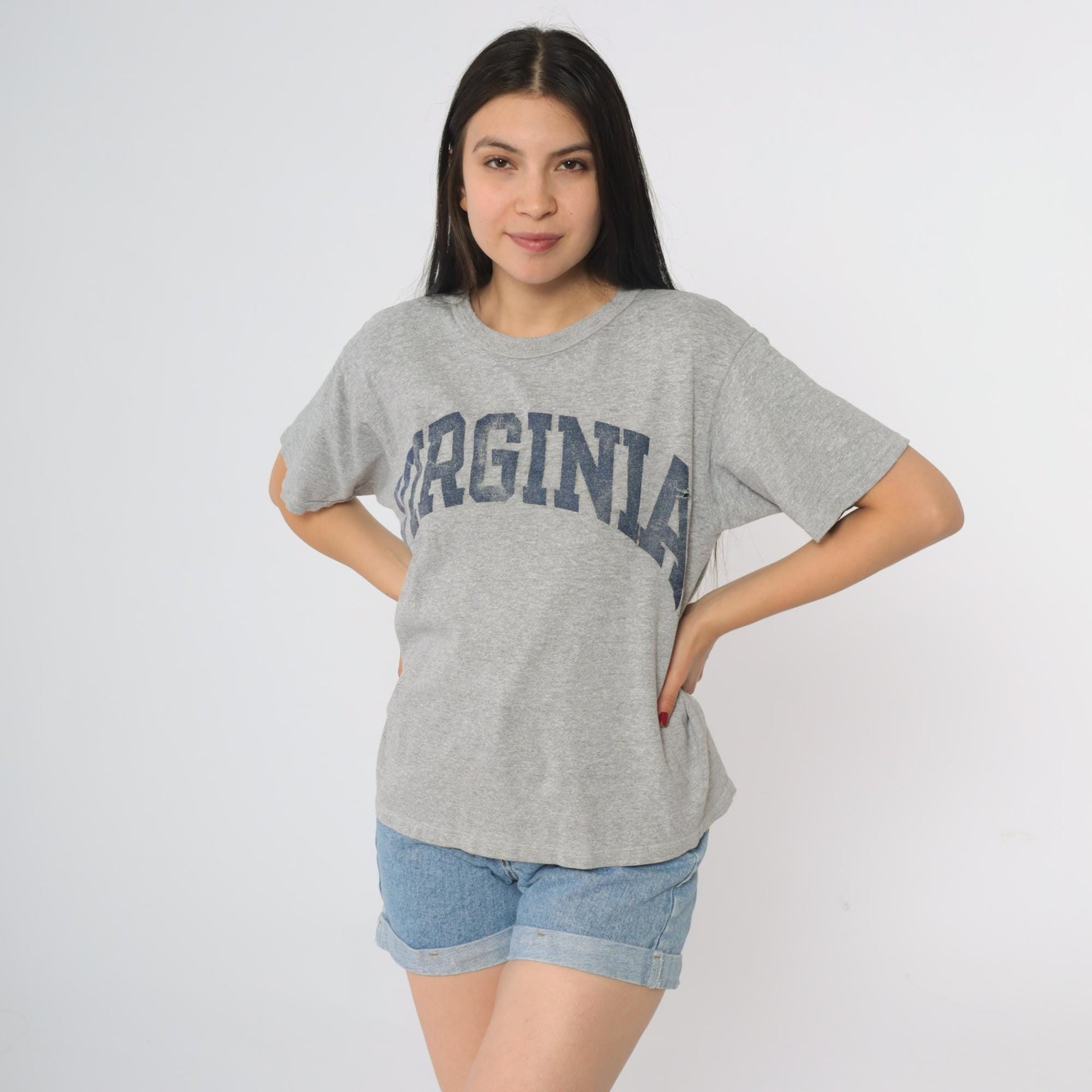 90s Champion Virginia State Graphic T-Shirt Heather Grey Navy Medium
