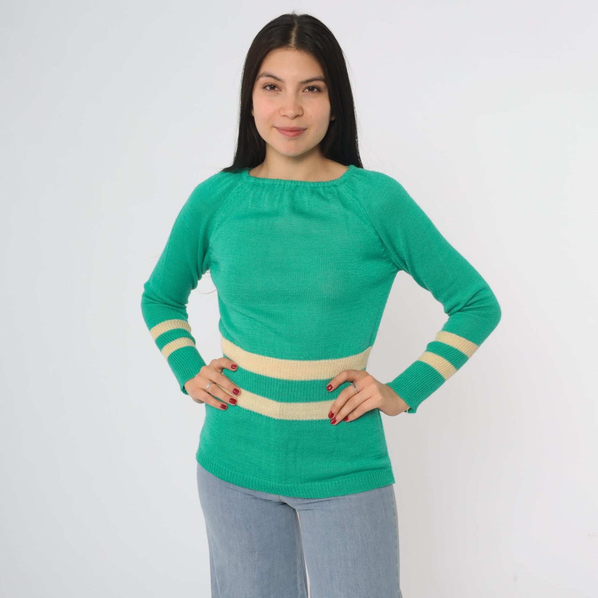 80s Penrose Emerald Green Striped Boat Neck Sweater Cream Small