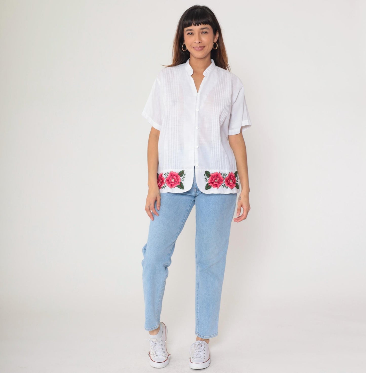 90s White Pink Rose Embroidered Button Down Blouse Mandarin Collar Large L