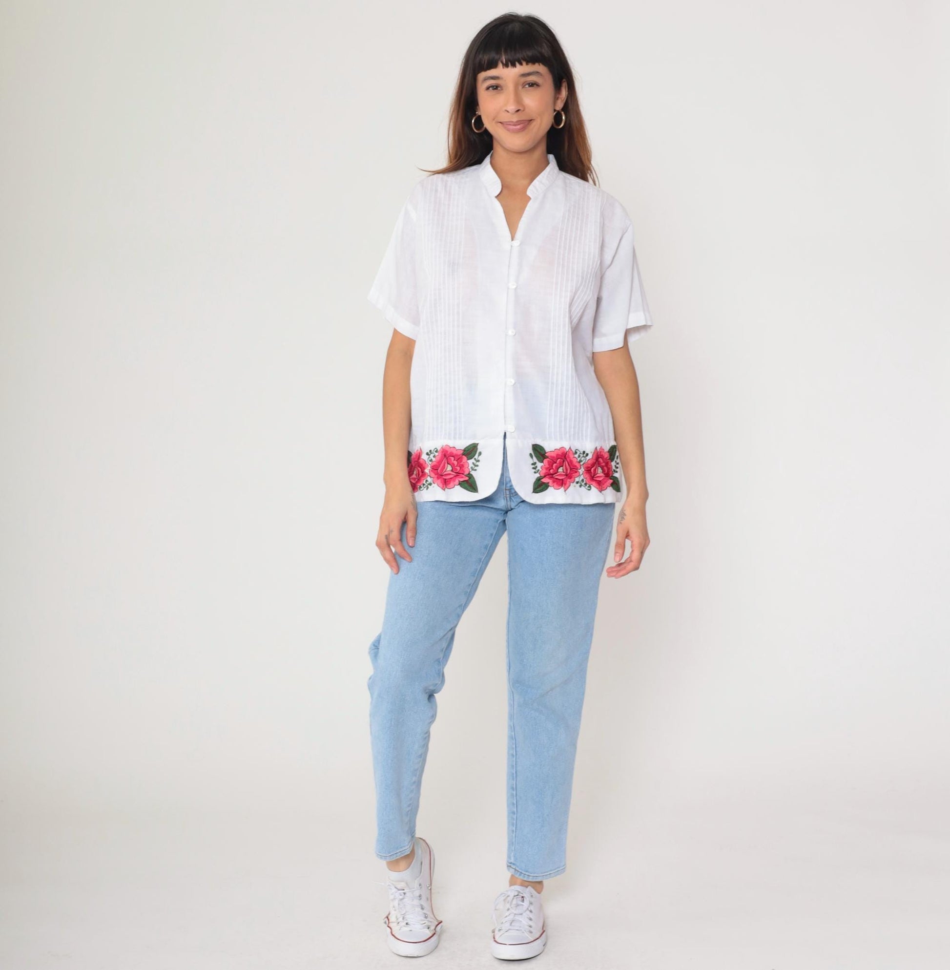 90s White Pink Rose Embroidered Button Down Blouse Mandarin Collar Large L