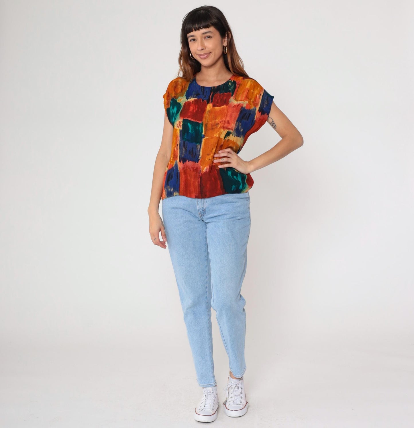 90s Watercolor Abstract Blouse Multicolor Brushstroke Rayon Short Sleeve Small S