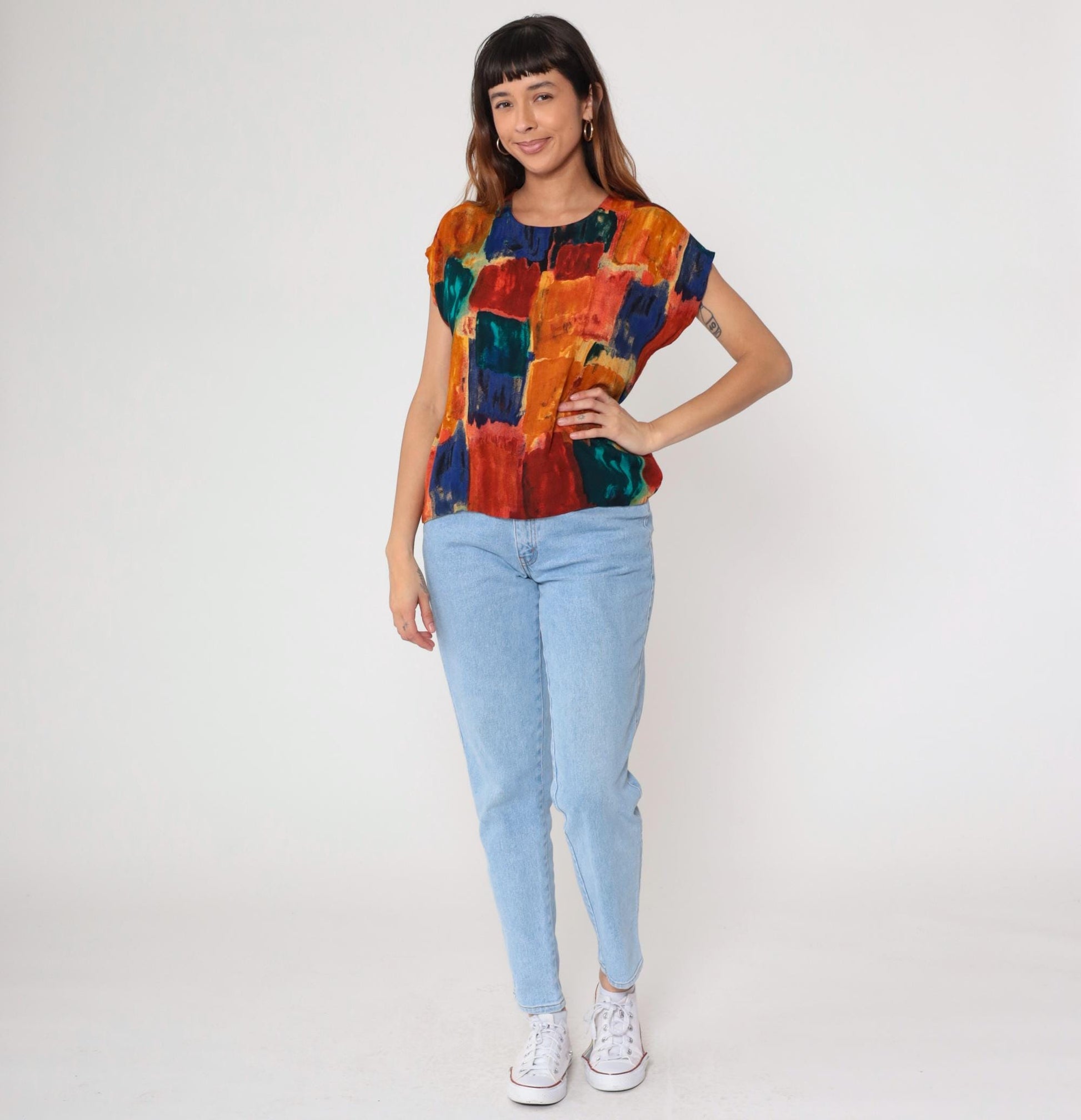 90s Watercolor Abstract Blouse Multicolor Brushstroke Rayon Short Sleeve Small S