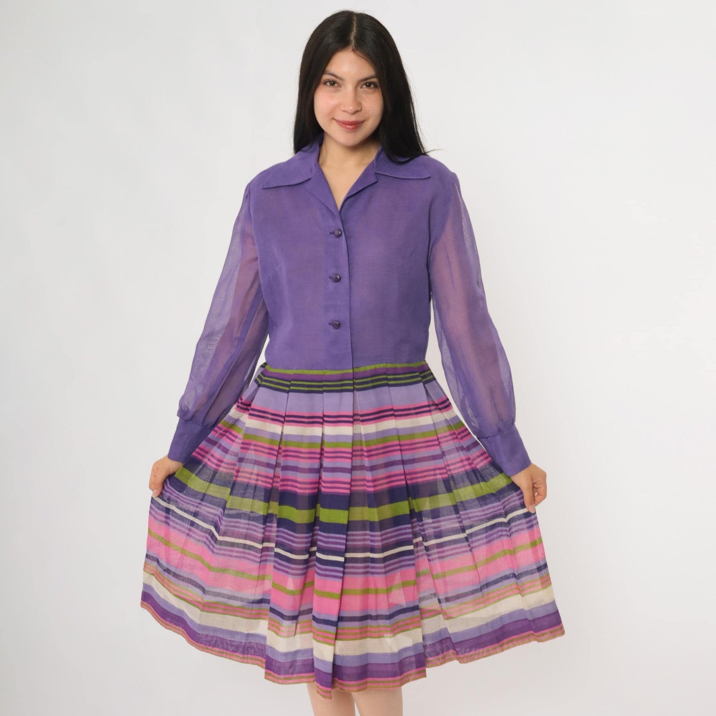 60s Rainbow Stripe Chiffon Midi Dress Button Front Long Sleeve Multicolor Large