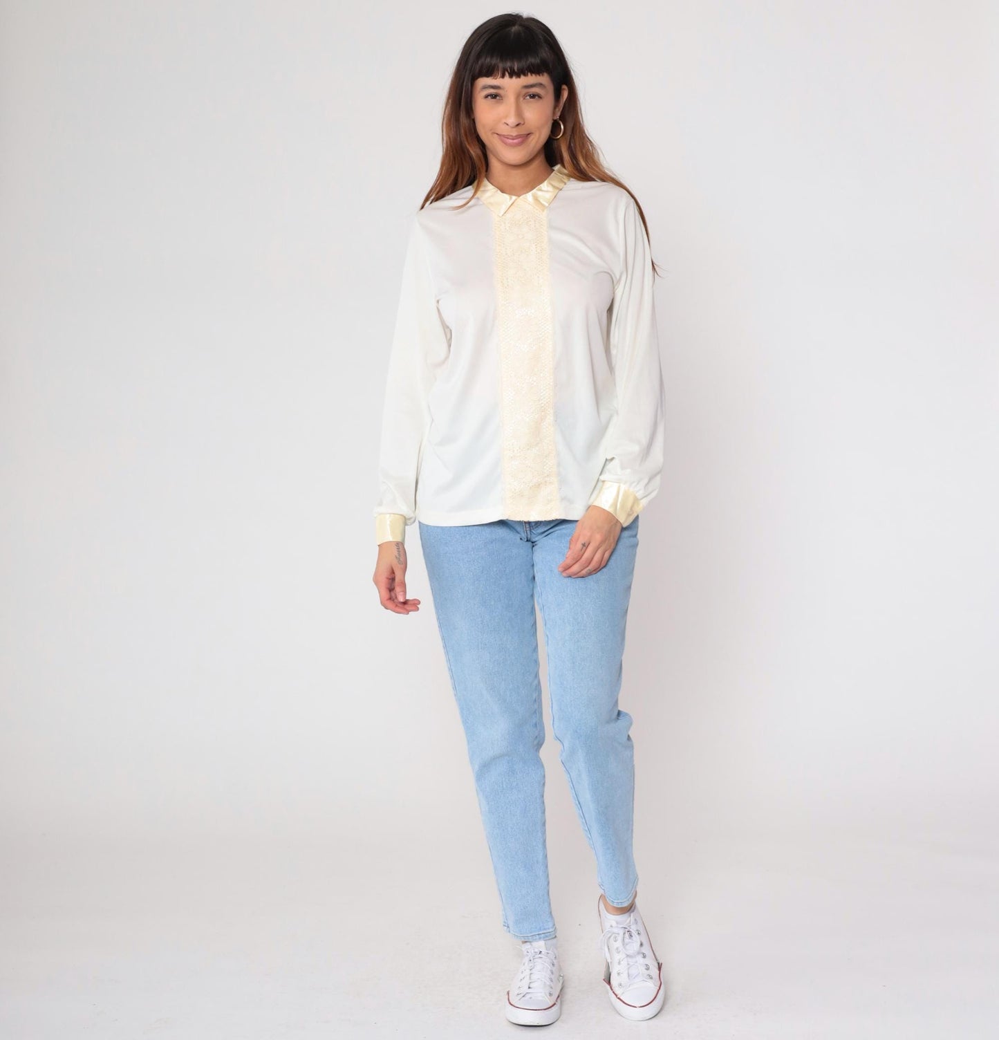 70s White Cream Lace Prairie Blouse Button Up Long Sleeve Medium M
