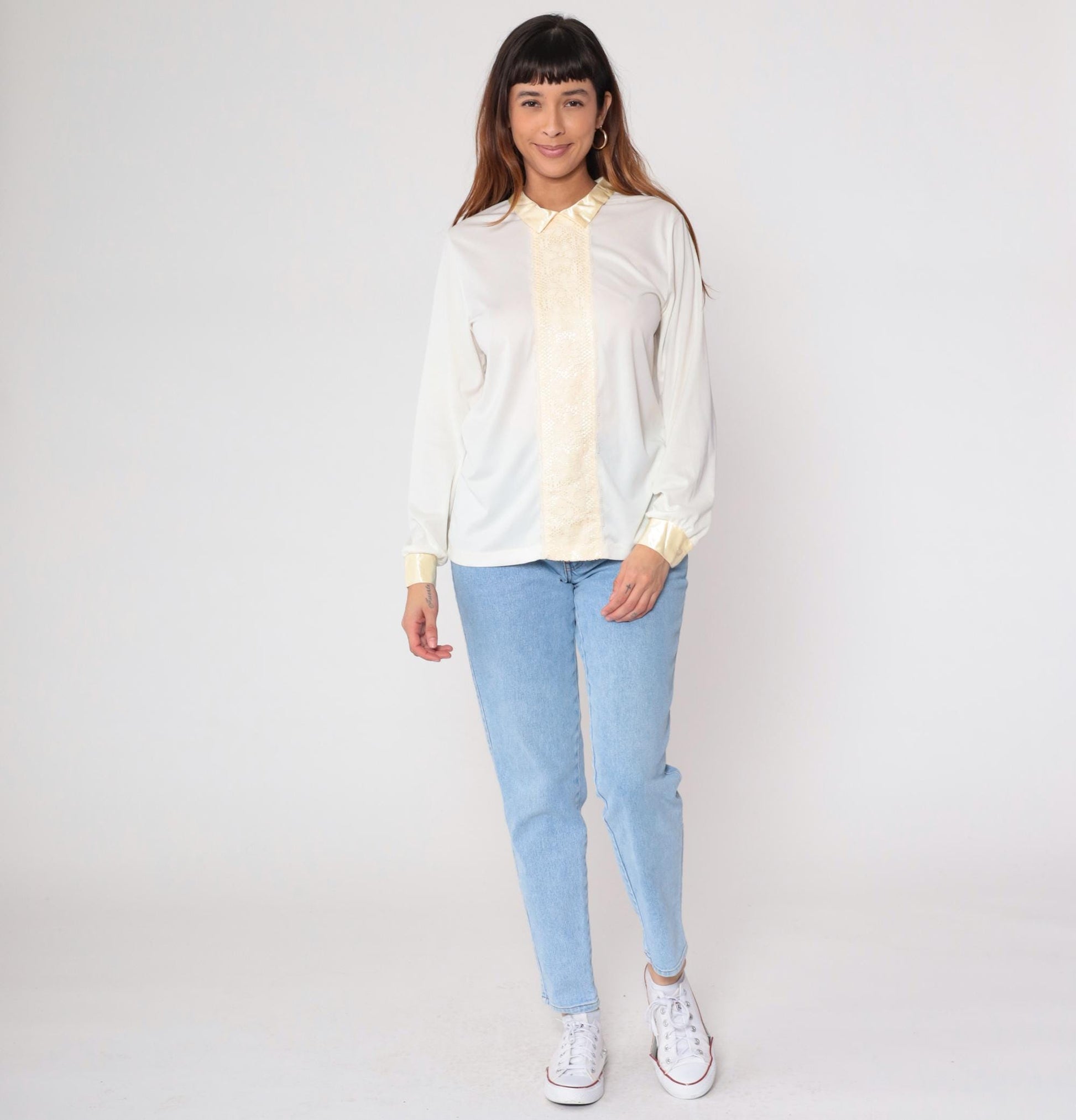 70s White Cream Lace Prairie Blouse Button Up Long Sleeve Medium M