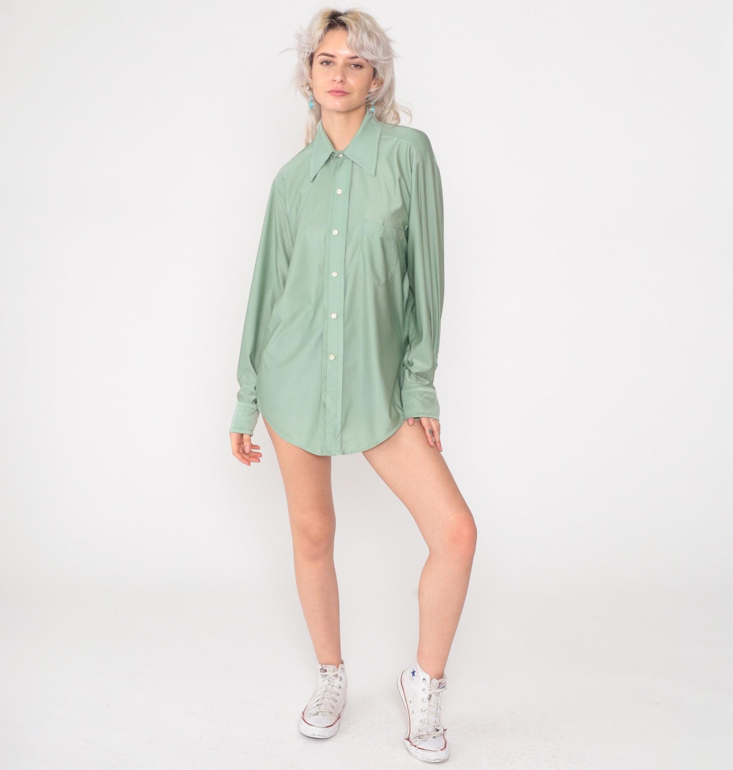 70s Qiana Sage Green Button-Up Shirt Pointed Collar Long Sleeve Large
