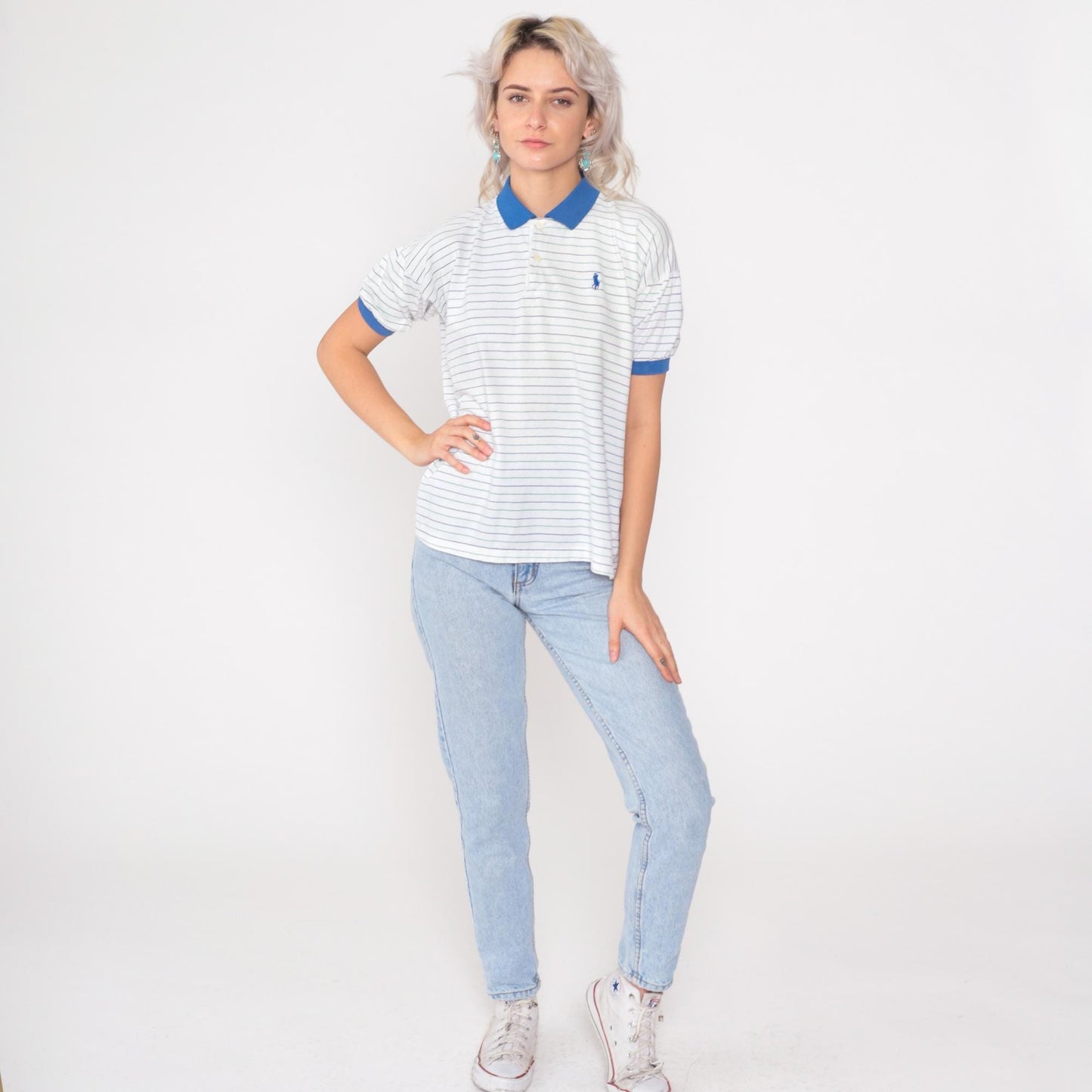 90s Polo Ralph Lauren Striped Polo Shirt White Blue Short Sleeve Extra Small