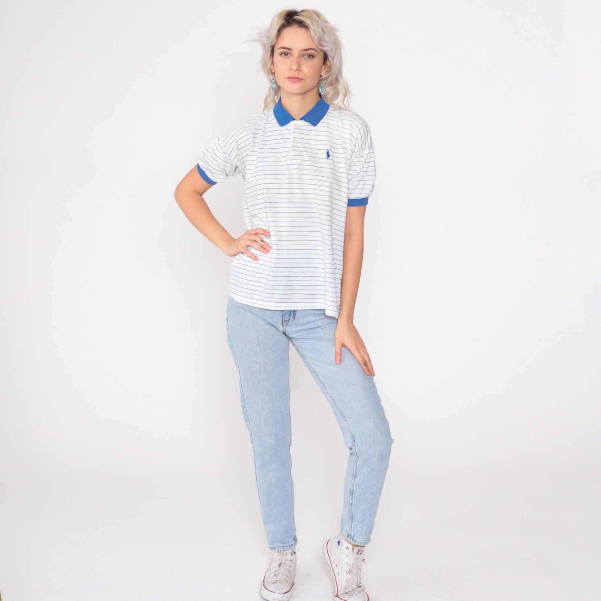90s Polo Ralph Lauren Striped Polo Shirt White Blue Short Sleeve Extra Small