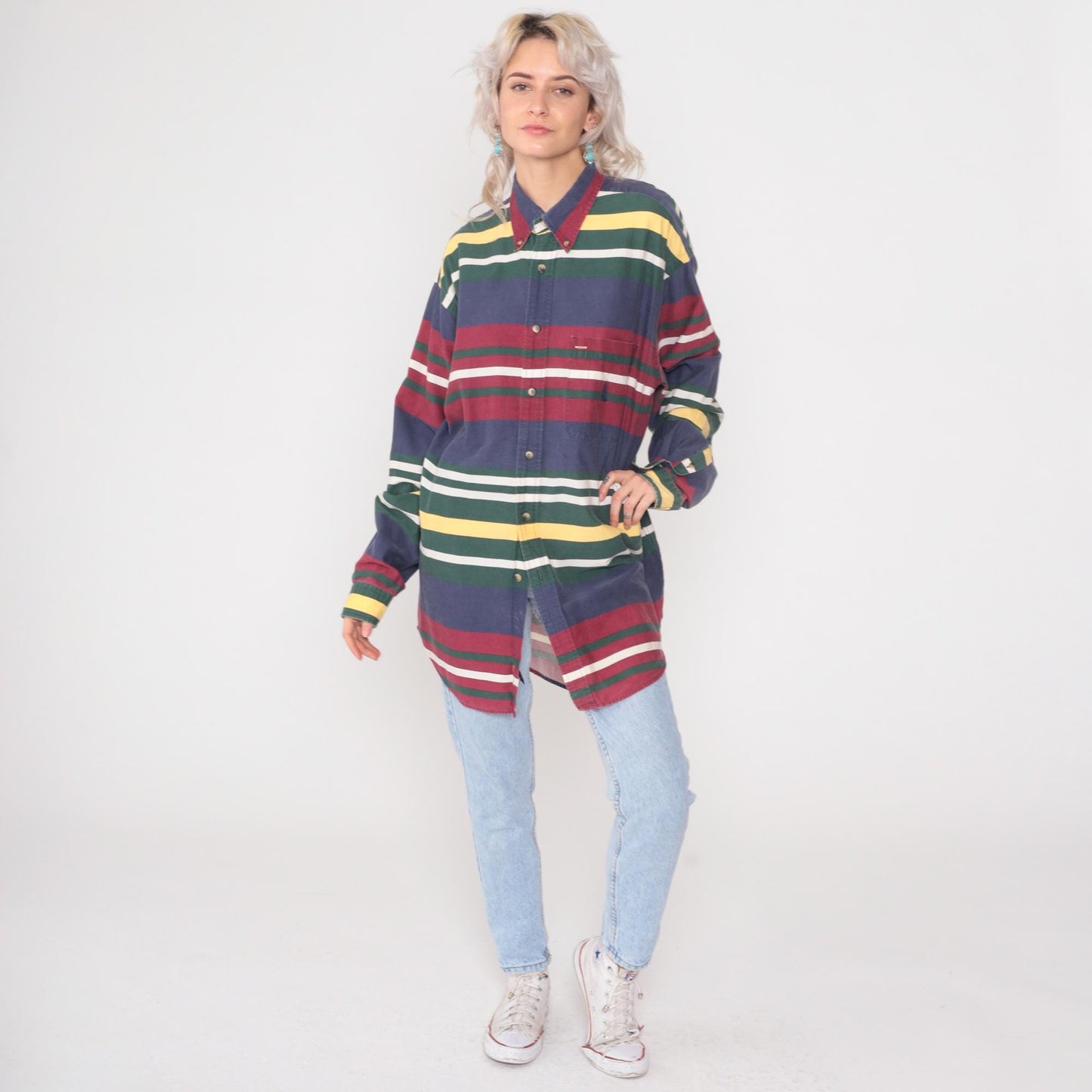 90s Nautica Striped Cotton Button Down Shirt Navy Burgundy Green XL