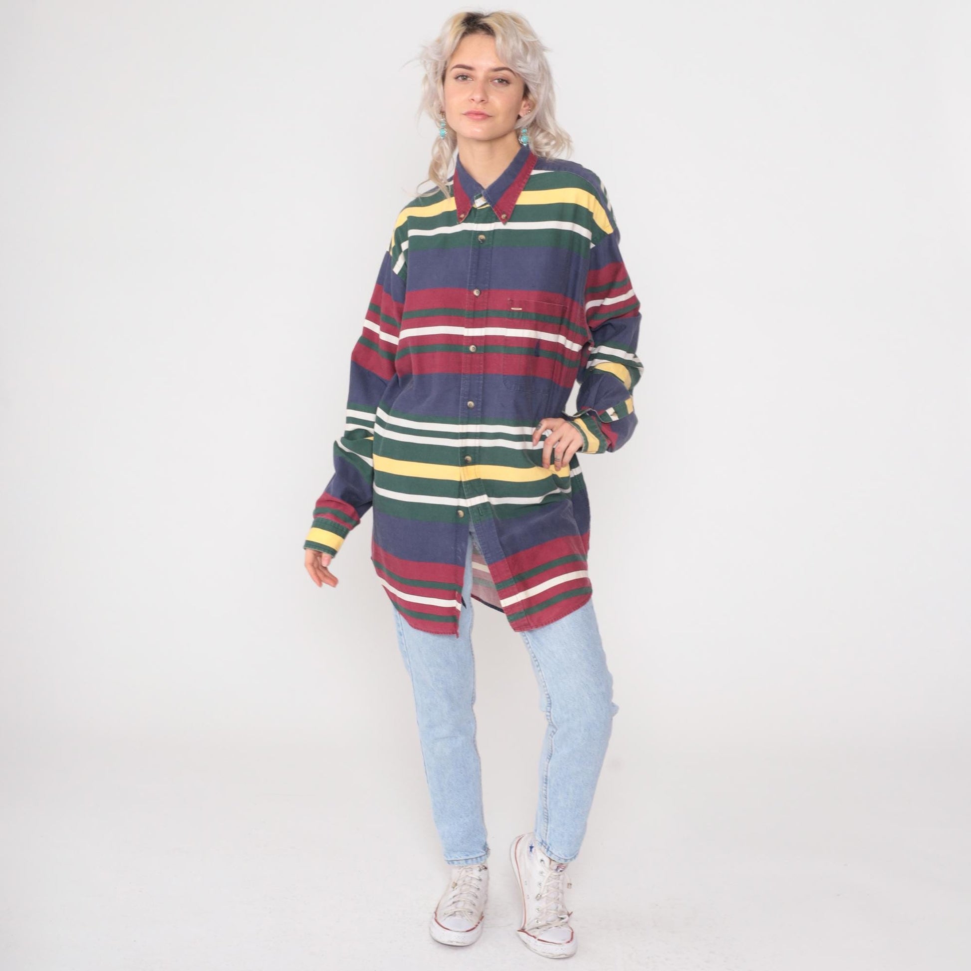 90s Nautica Striped Cotton Button Down Shirt Navy Burgundy Green XL