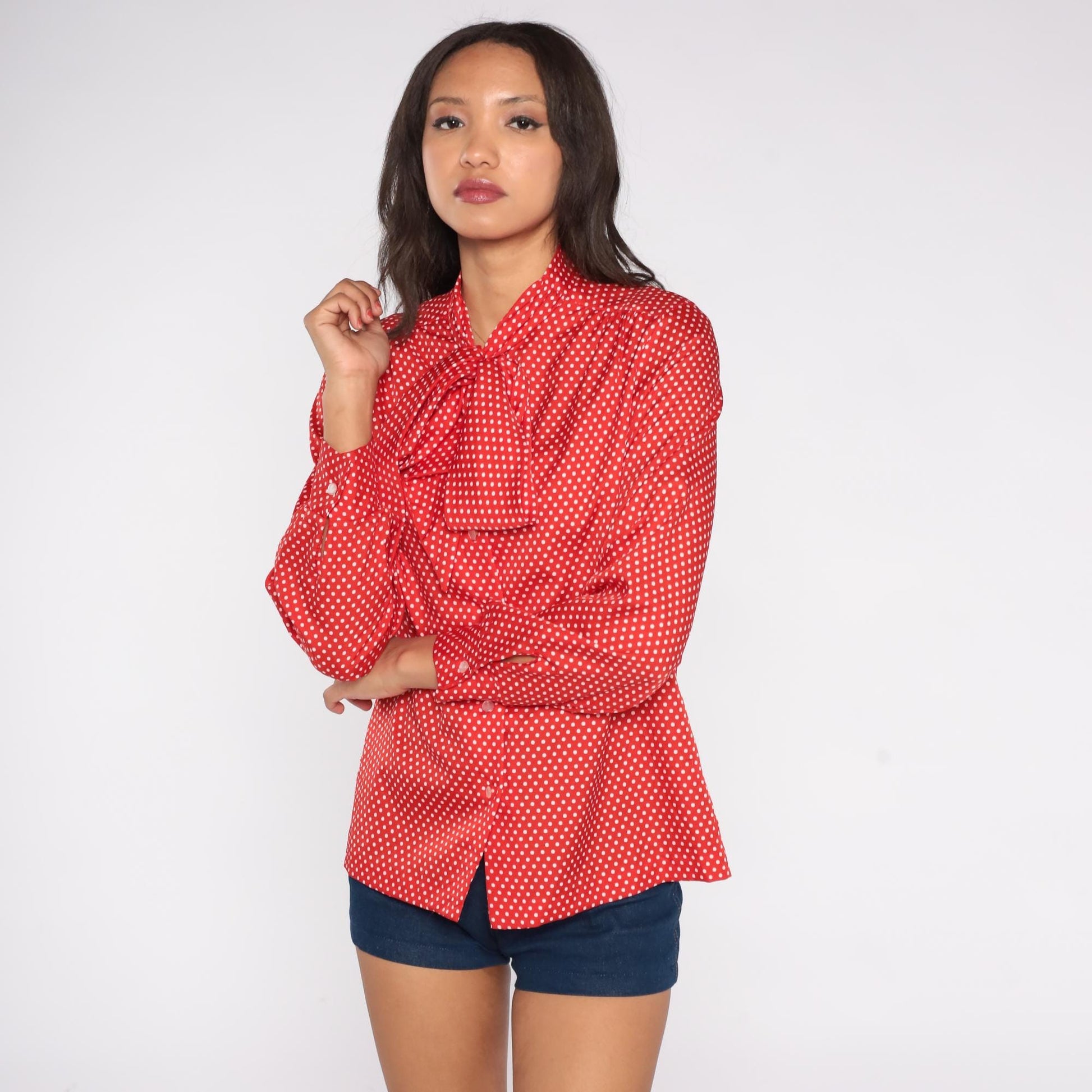80s Lee Mar of California Red Polka Dot Pussy Bow Blouse Medium