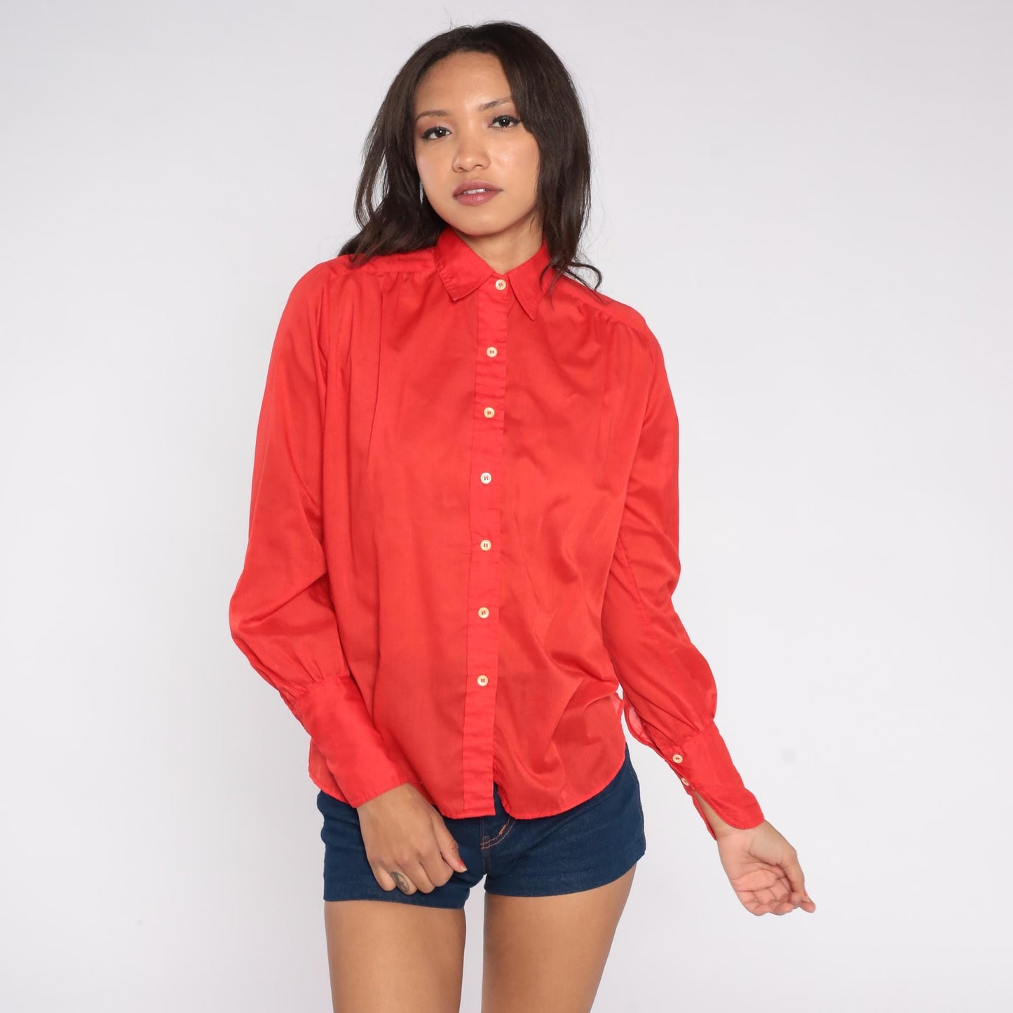 70s JH Collectibles Red Button-Up Shirt Point Collar Long Sleeve Small
