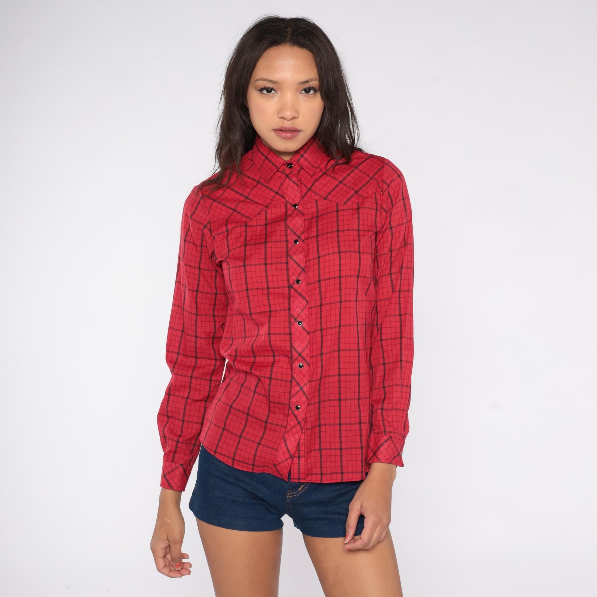 80s Cameo Rose Red Black Plaid Pearl Snap Western Shirt Small