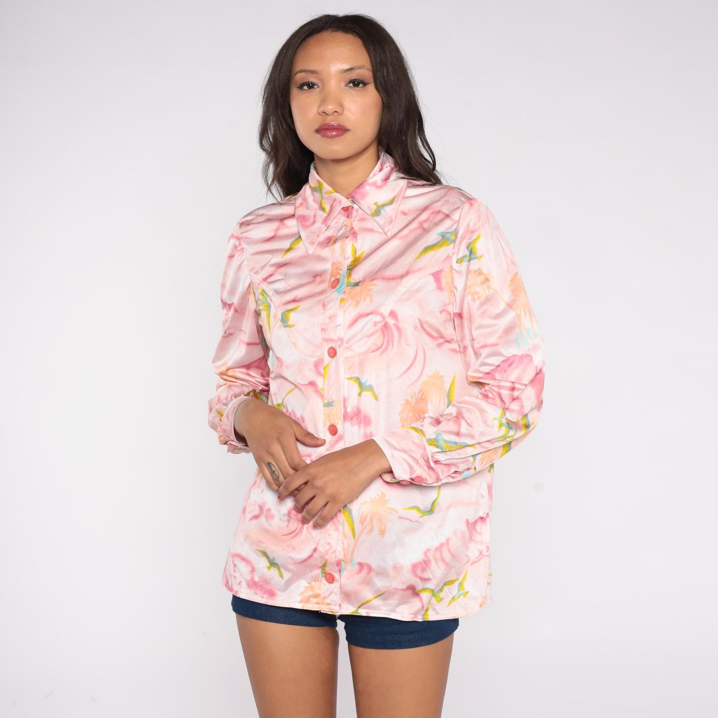 70s Pink Blouse Palm Tree Bird Watercolor Print Long Sleeve Medium