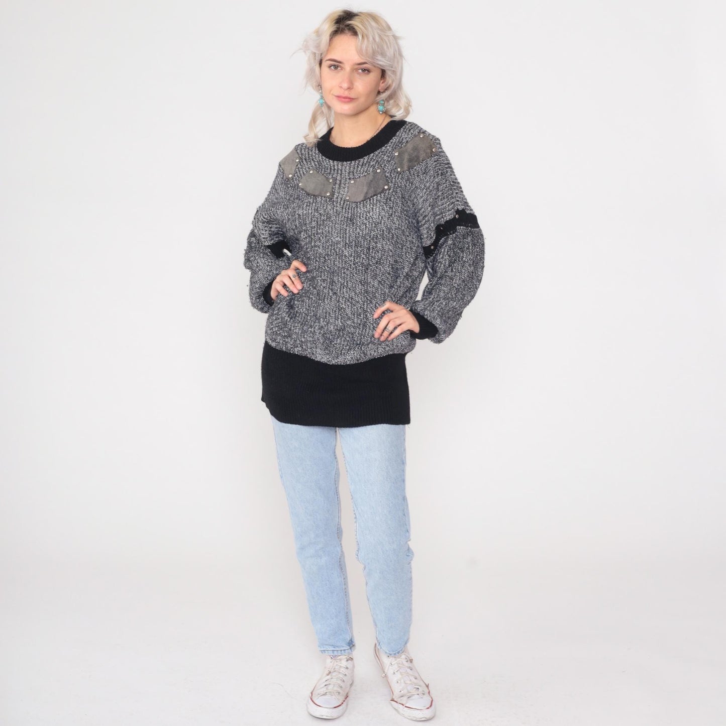 80s Studded Suede Patch Chunky Knit Sweater Grey Black Tunic One Size