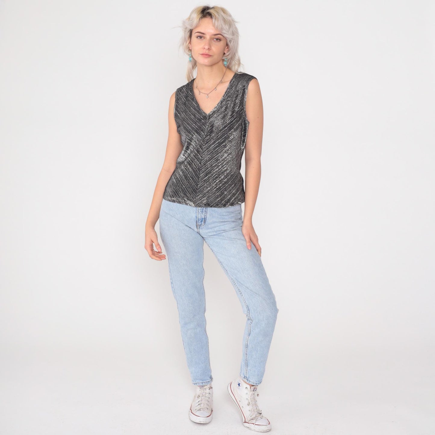 90s David Benjamin Silver Metallic Chevron Tank Top Black V-Neck Small S