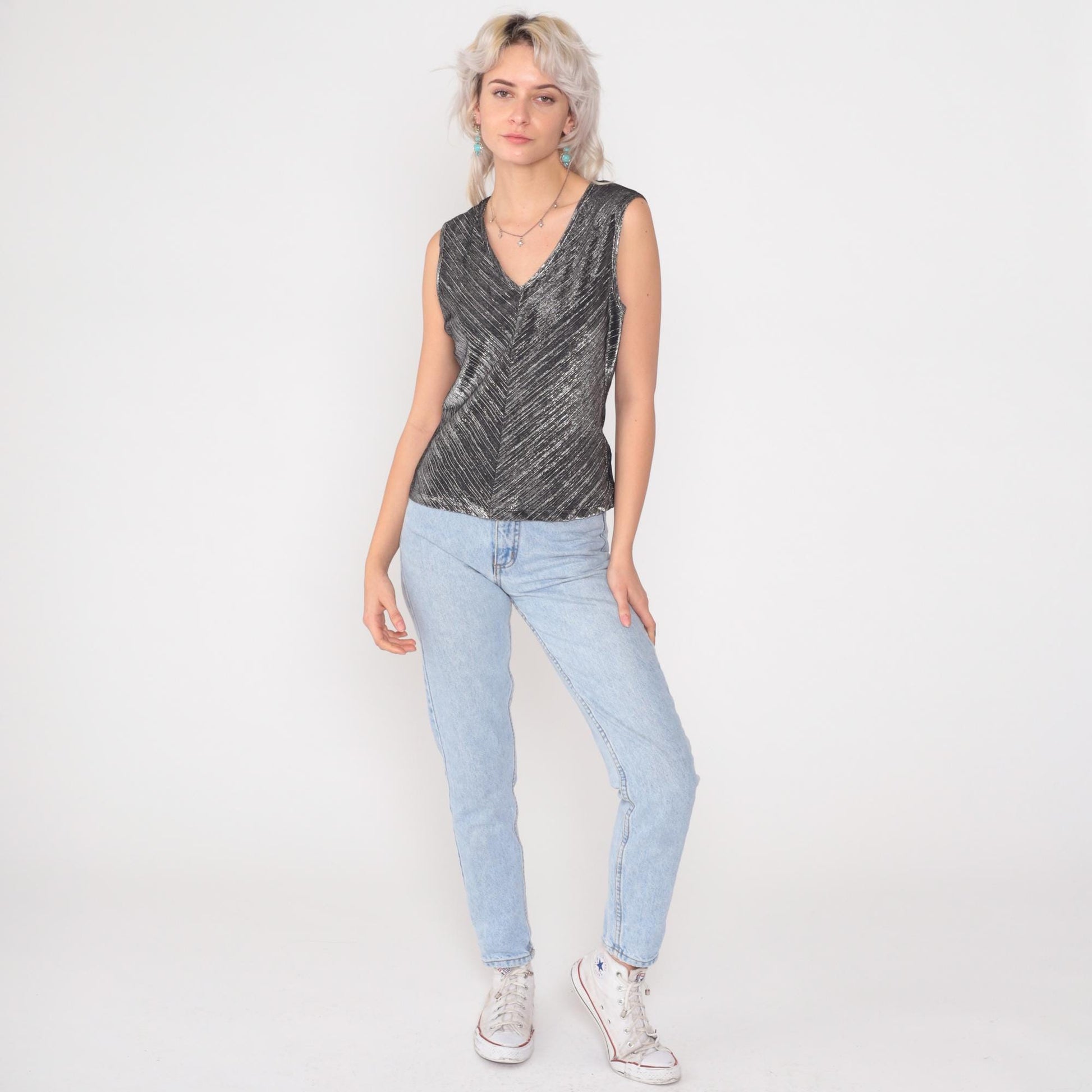 90s David Benjamin Silver Metallic Chevron Tank Top Black V-Neck Small S