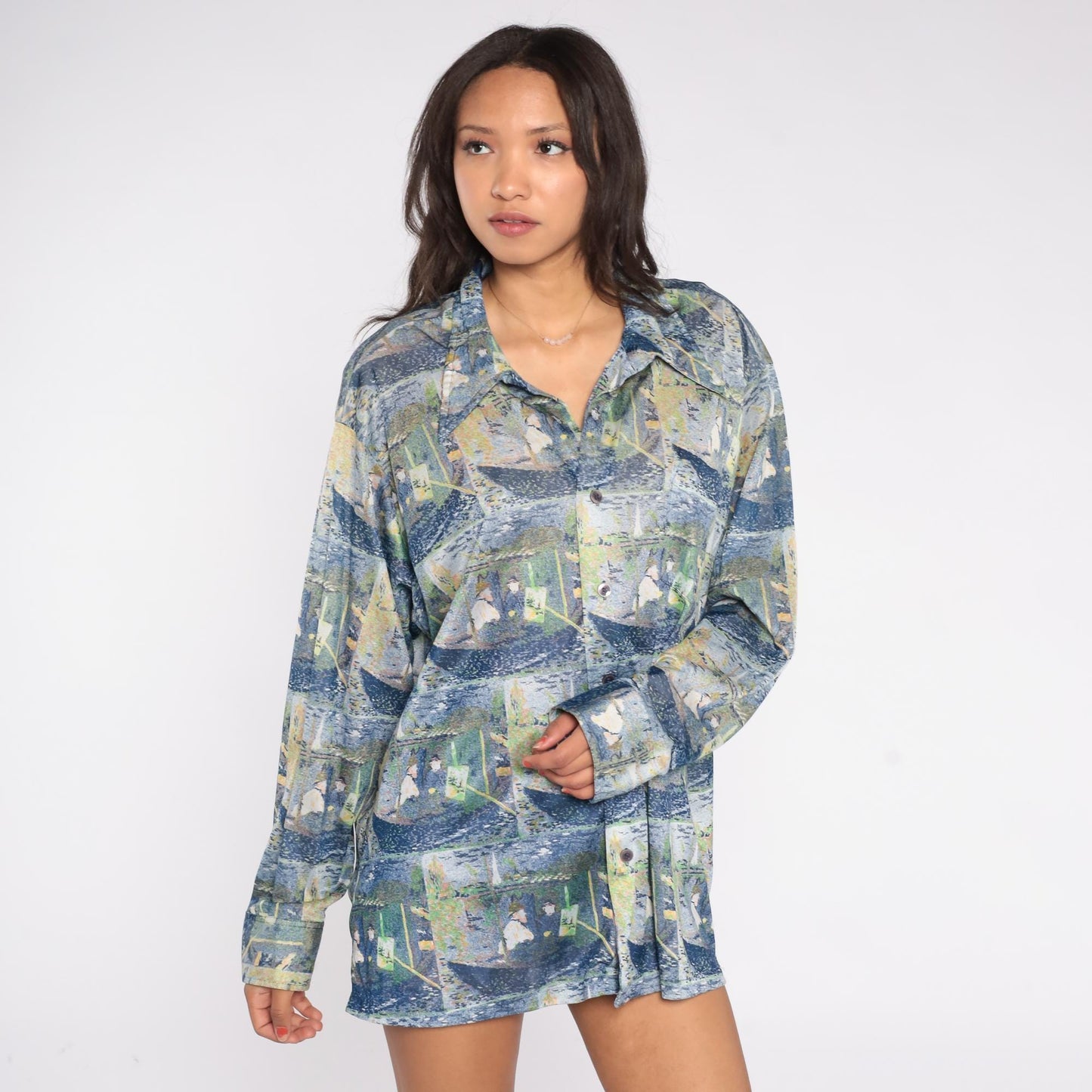70s Claude Monet Impressionist Boating Scene Button Down Shirt Blue Green XXL