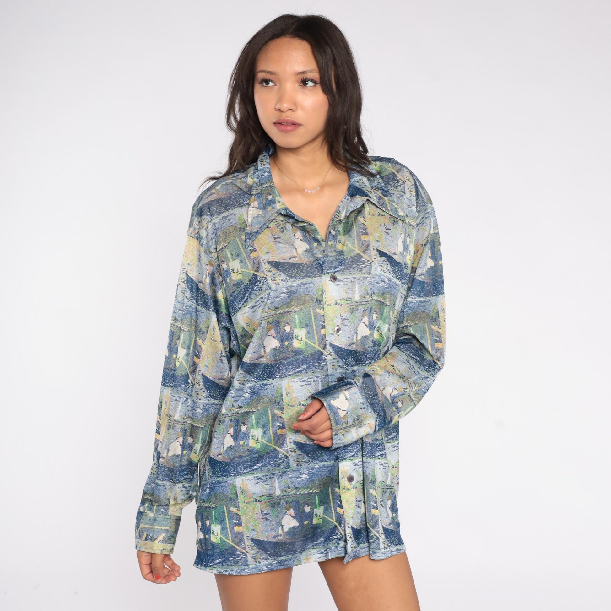 70s Claude Monet Impressionist Boating Scene Button Down Shirt Blue Green XXL