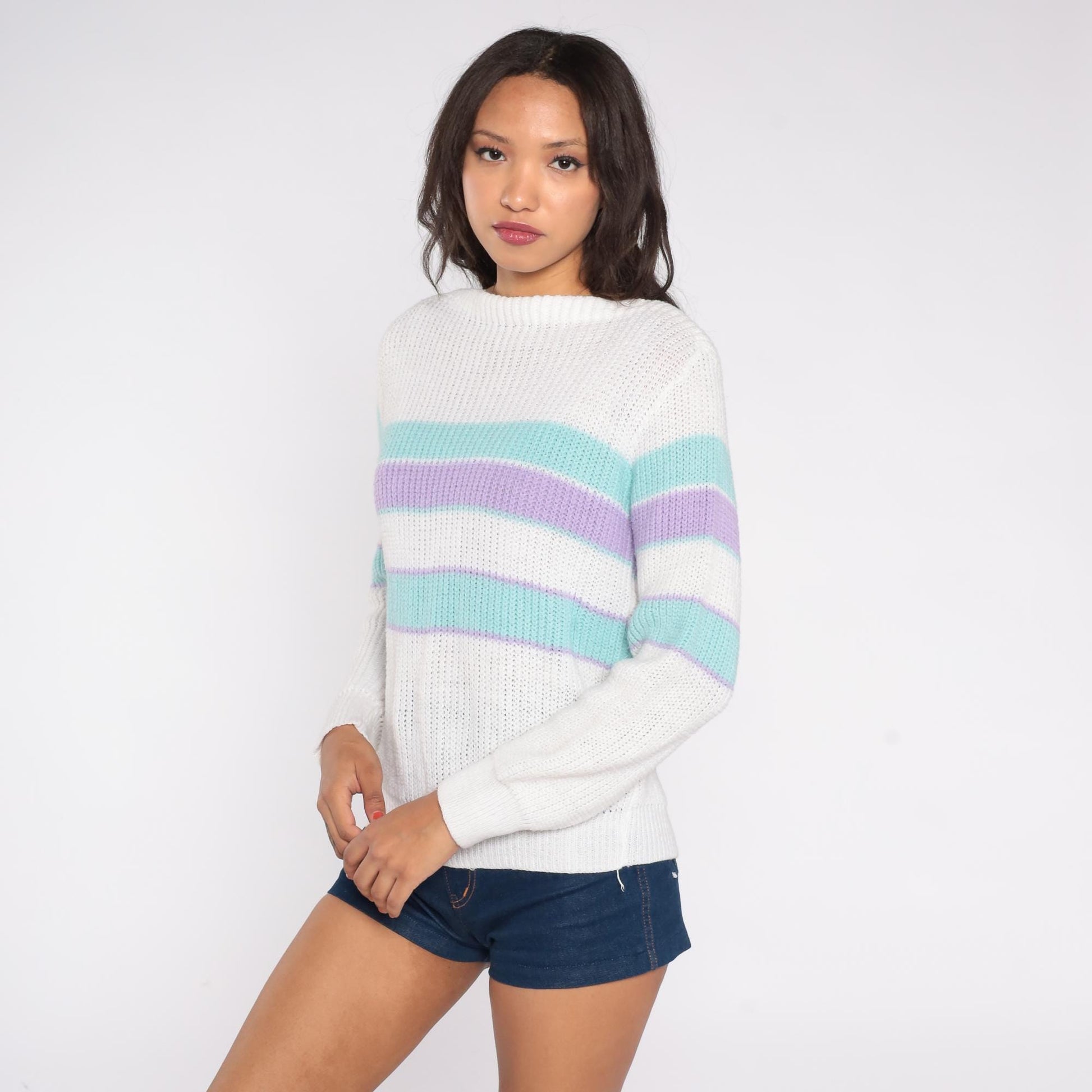 80s Green Lantern Striped Knit Sweater White Mint Lavender Small
