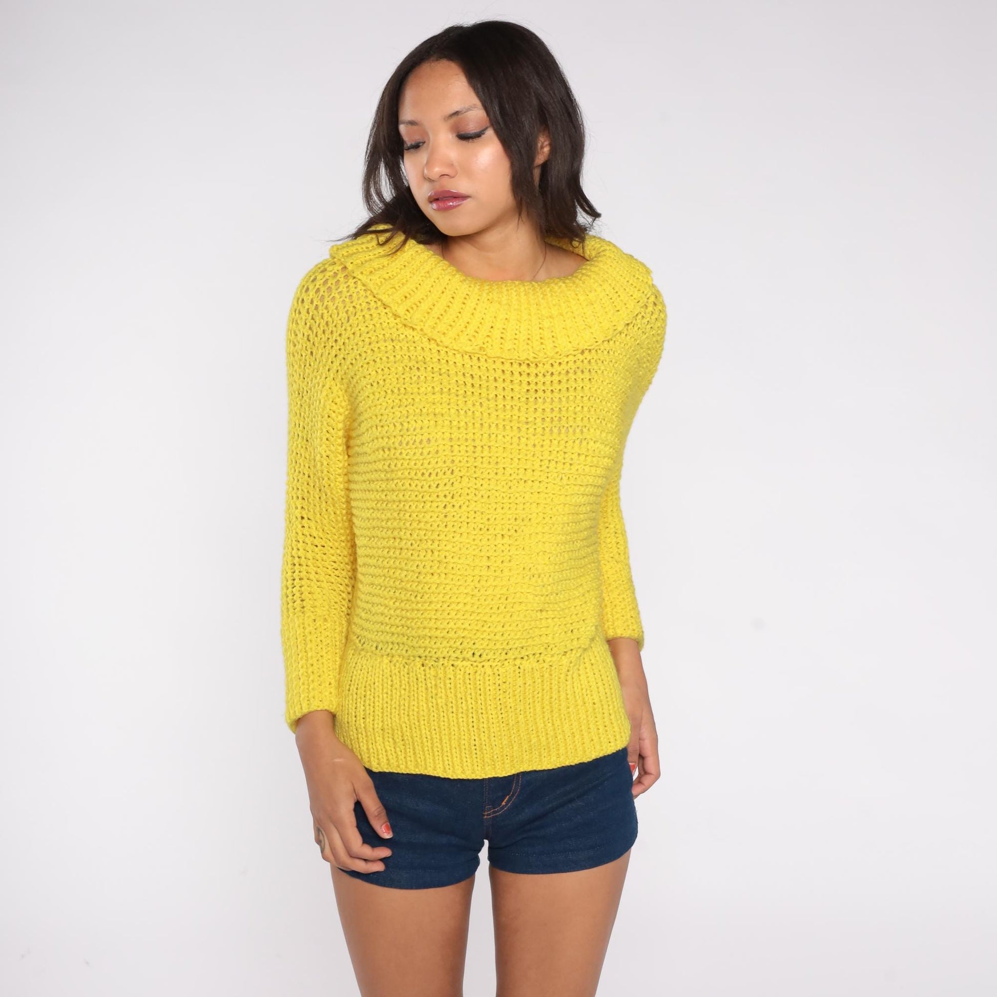 80s Yellow Open Knit Cowl Neck Sweater Long Sleeve Medium