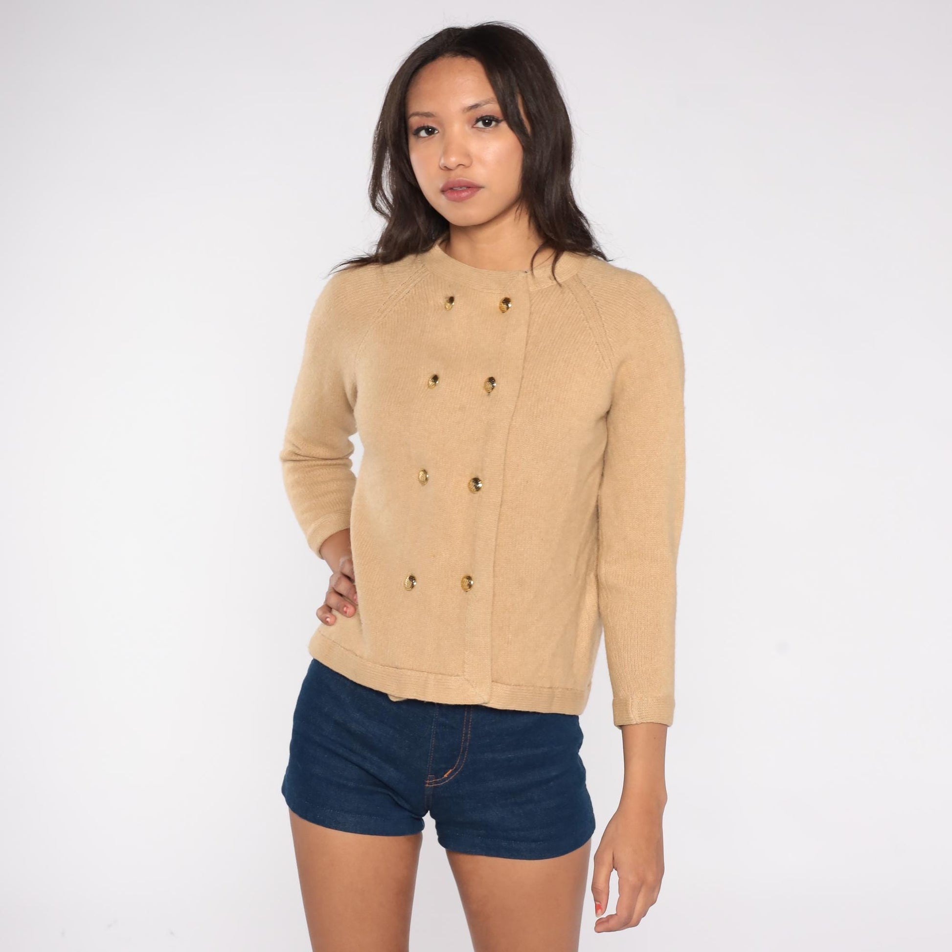 60s I. Magnin Camel Hair Cardigan Tan Gold Button Crew Neck XS