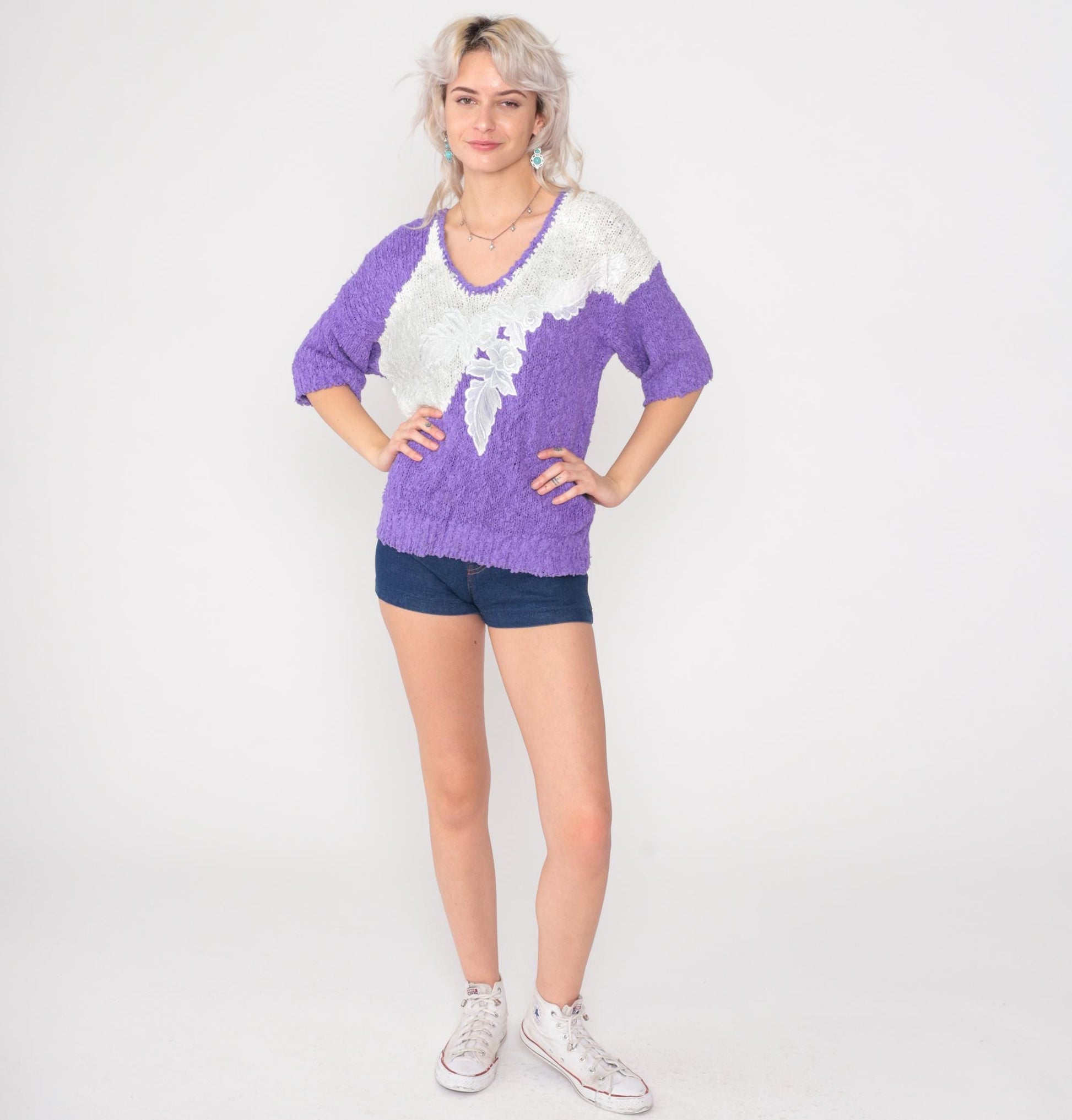 80s Purple Cream Color Block Sweater Leaf Appliqué V-Neck Small S