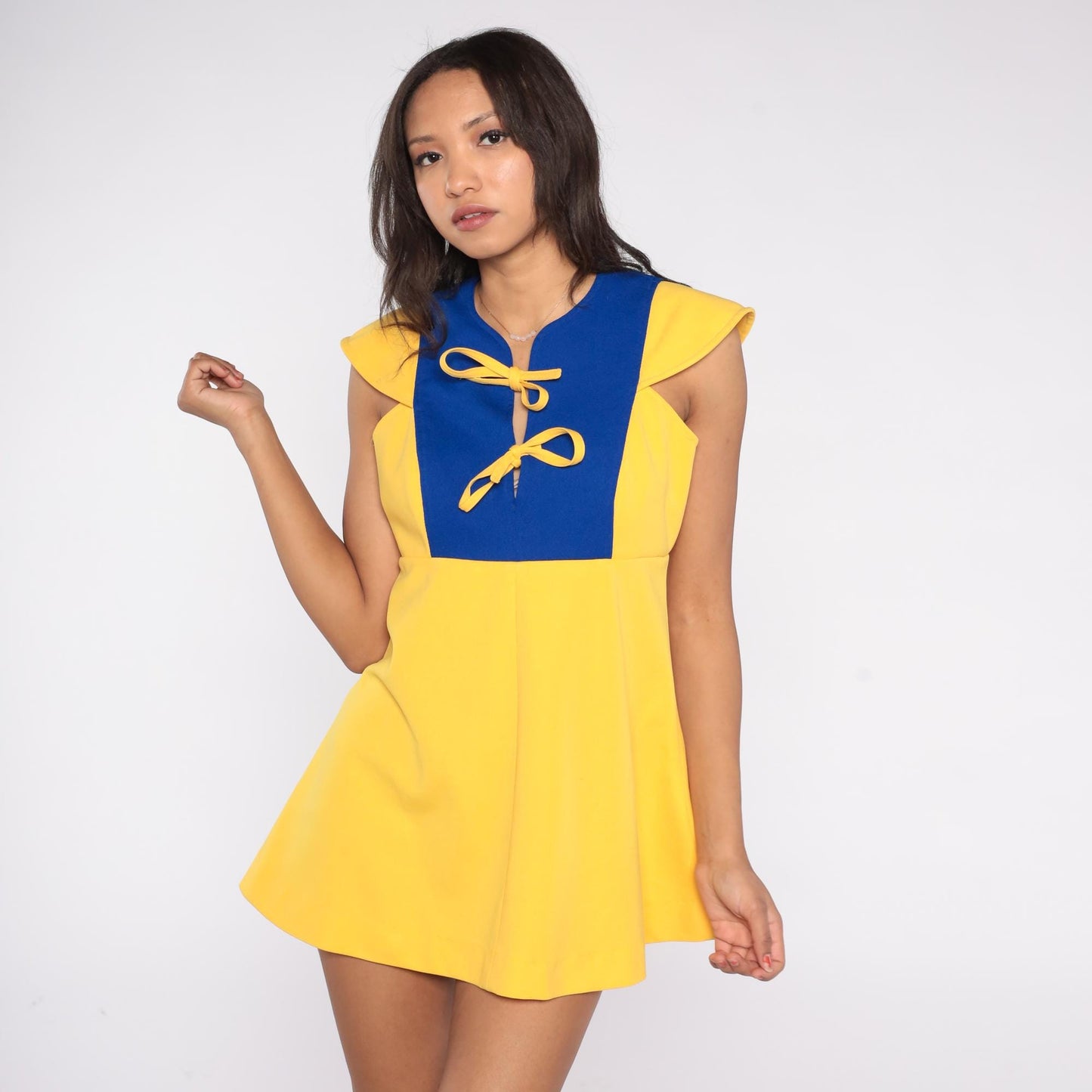 60s Space Age Color Block Mini Dress Yellow Blue Flutter Sleeve Small