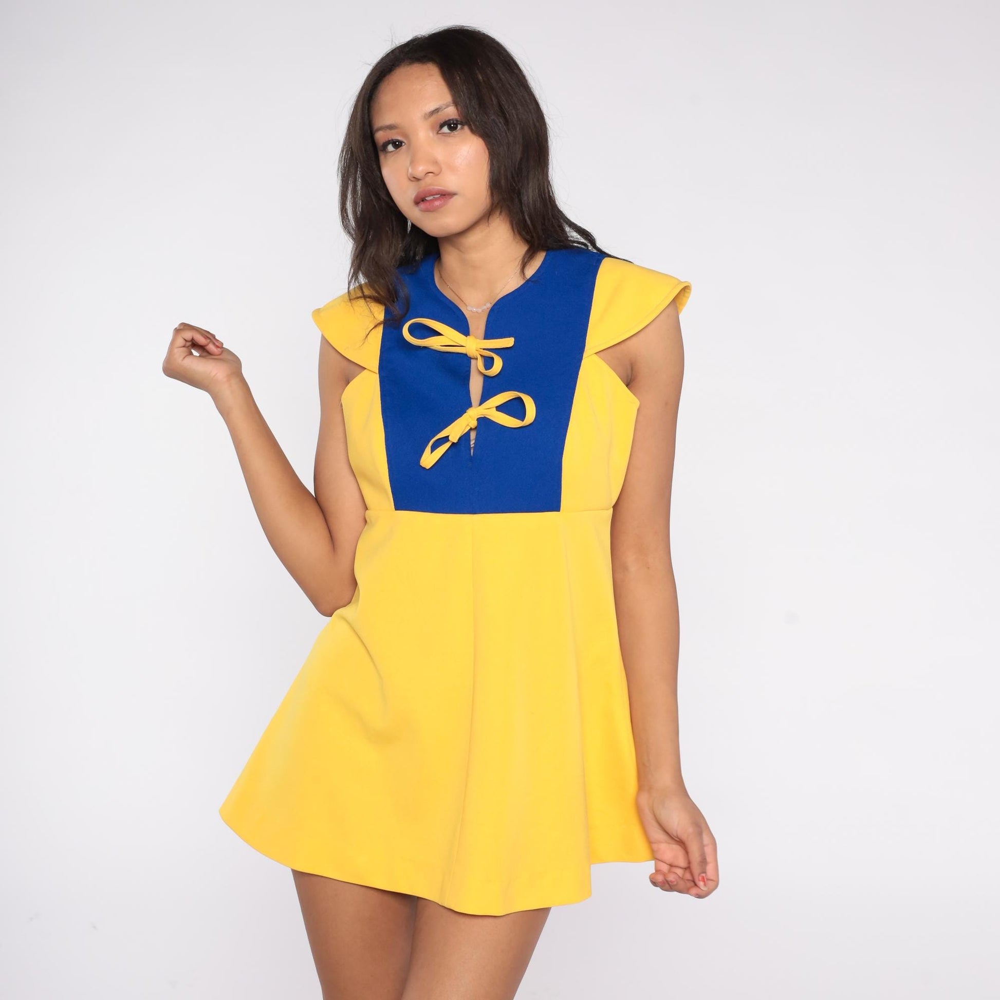 60s Space Age Color Block Mini Dress Yellow Blue Flutter Sleeve Small