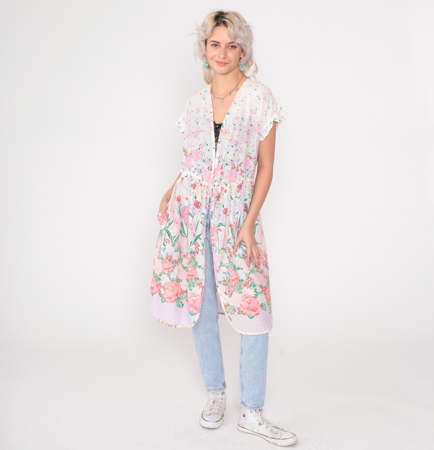 70s Pink Rose Floral Duster Jacket White Cotton Empire Waist Maxi Robe Small