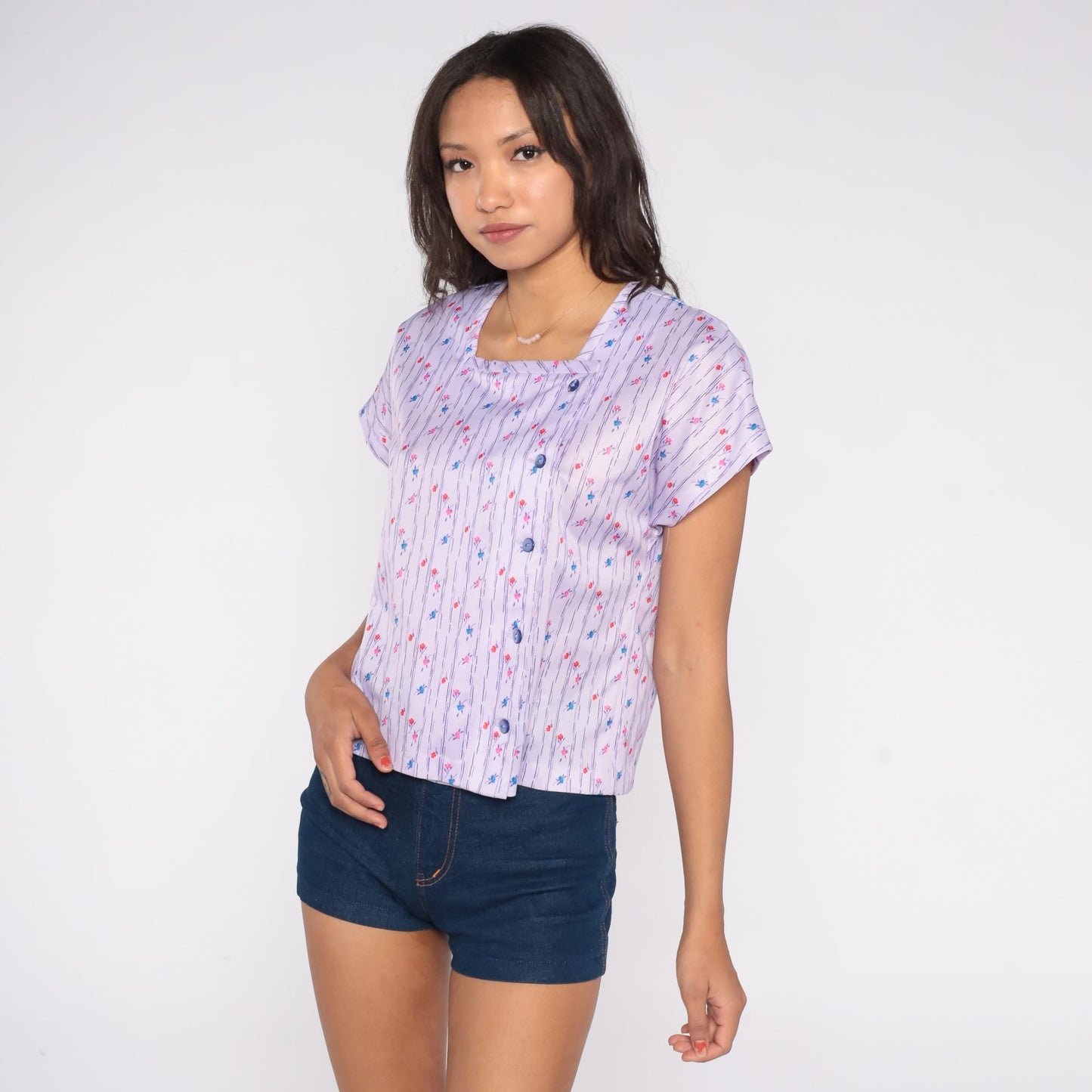 70s Lavender Floral Blouse Purple Striped Square Neck Button Front Short Sleeve Medium