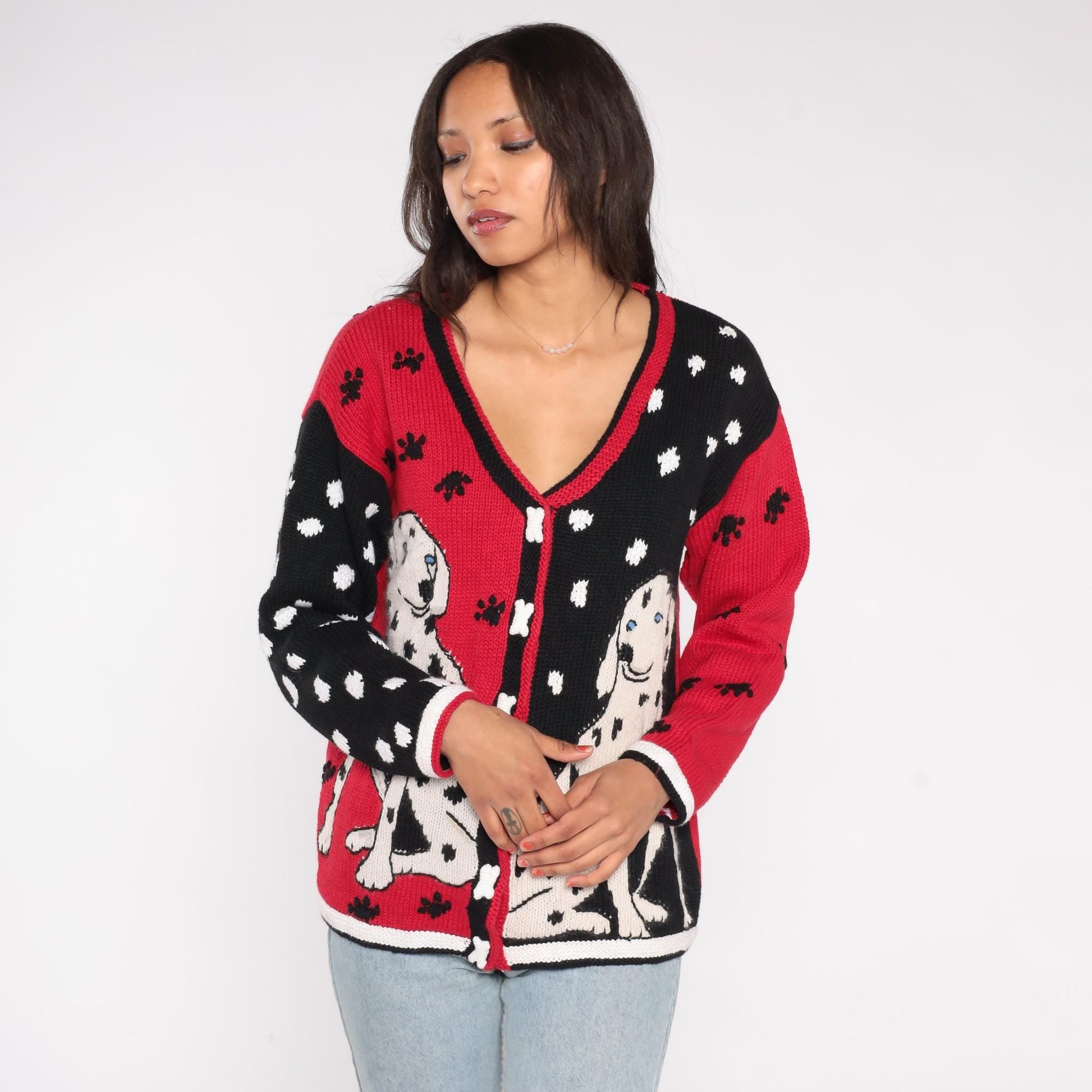 90s Storybook Knits Dalmatian Cardigan Black Red White Bone Buttons Small