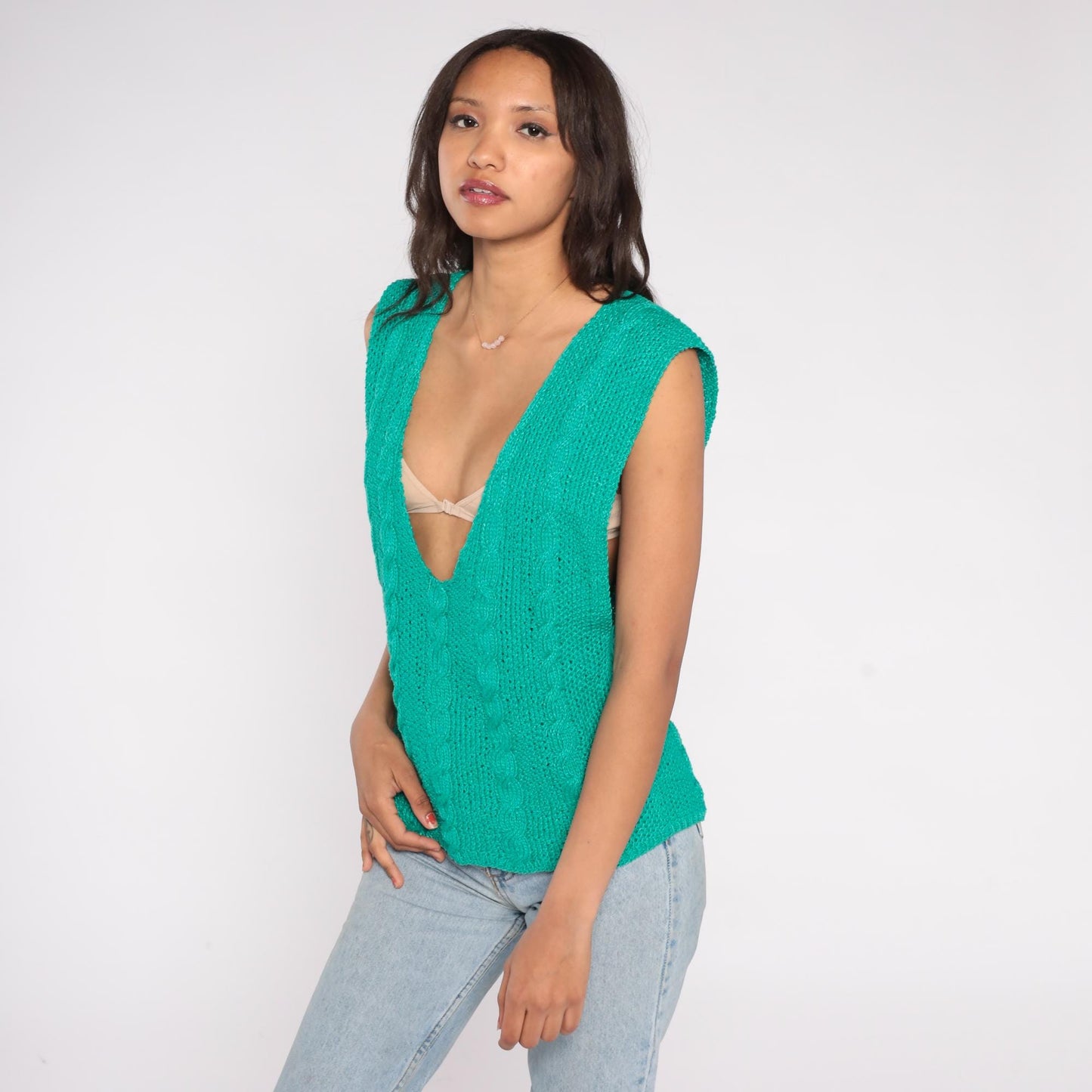 90s Emerald Cable Knit Vest Deep V-Neck Preppy Sleeveless Sweater Small S