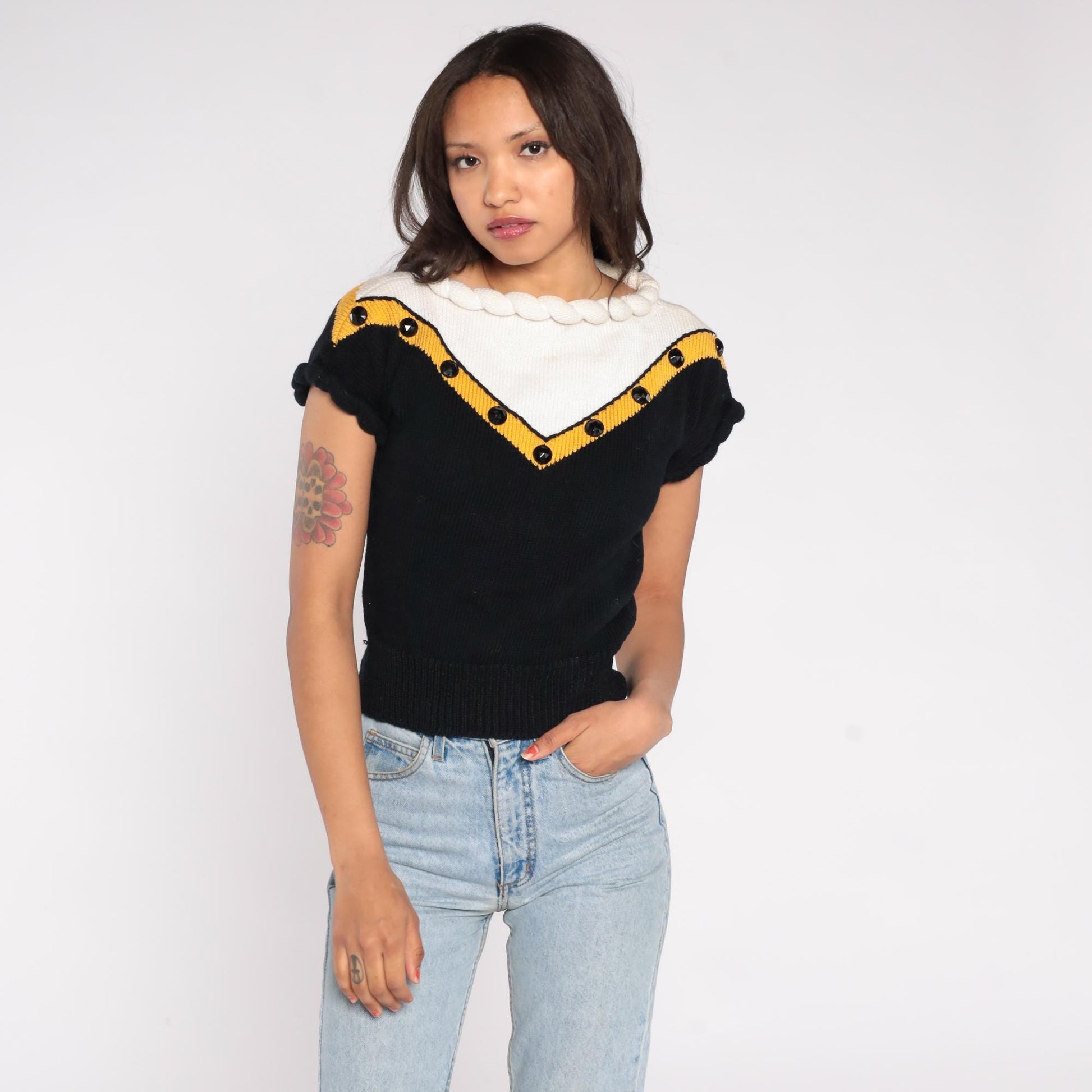 80s Lorna Adams Colorblock Knit Top Rope Collar Black Gold White Small