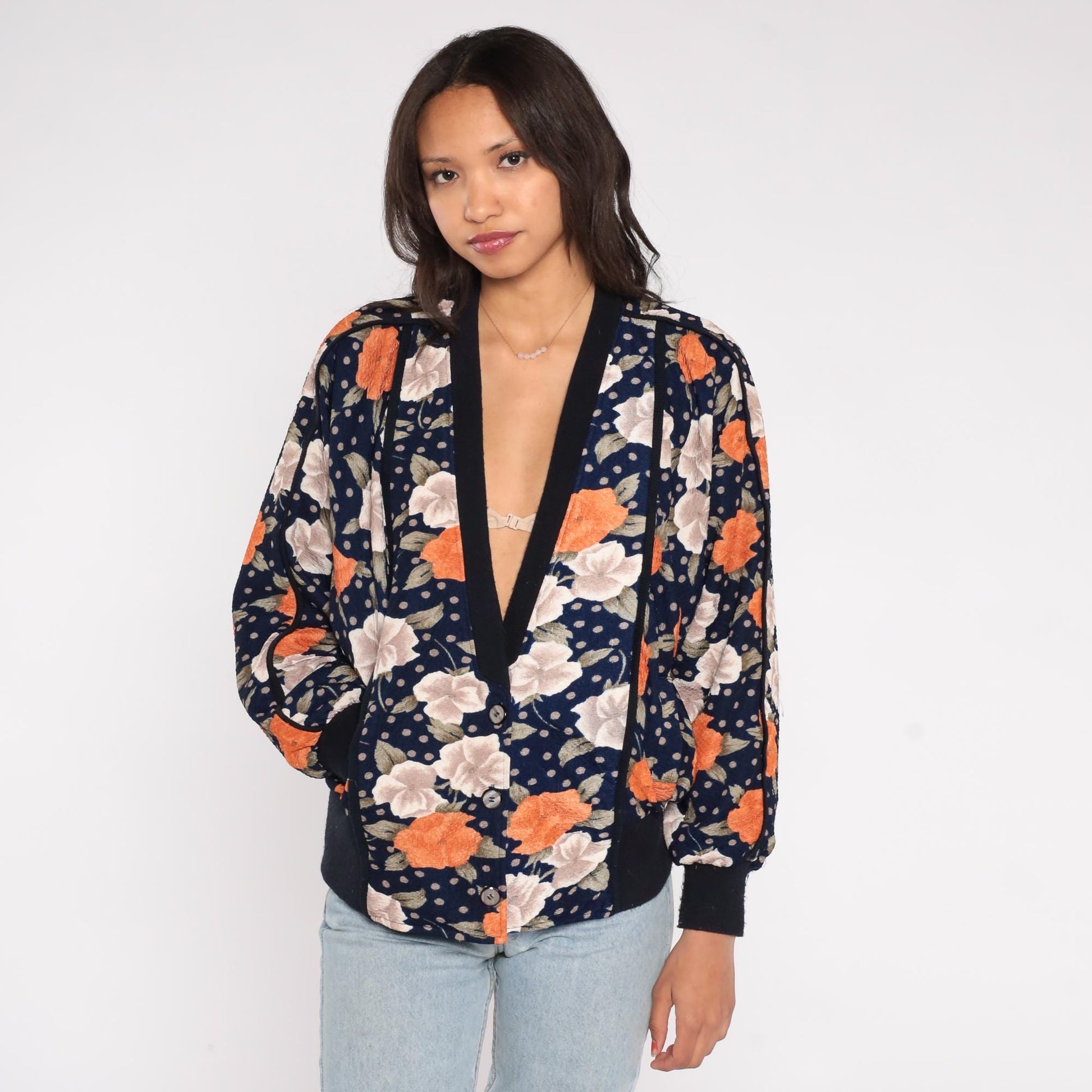 90s Navy Floral Bomber Cardigan Puff Sleeve Button Front Large L