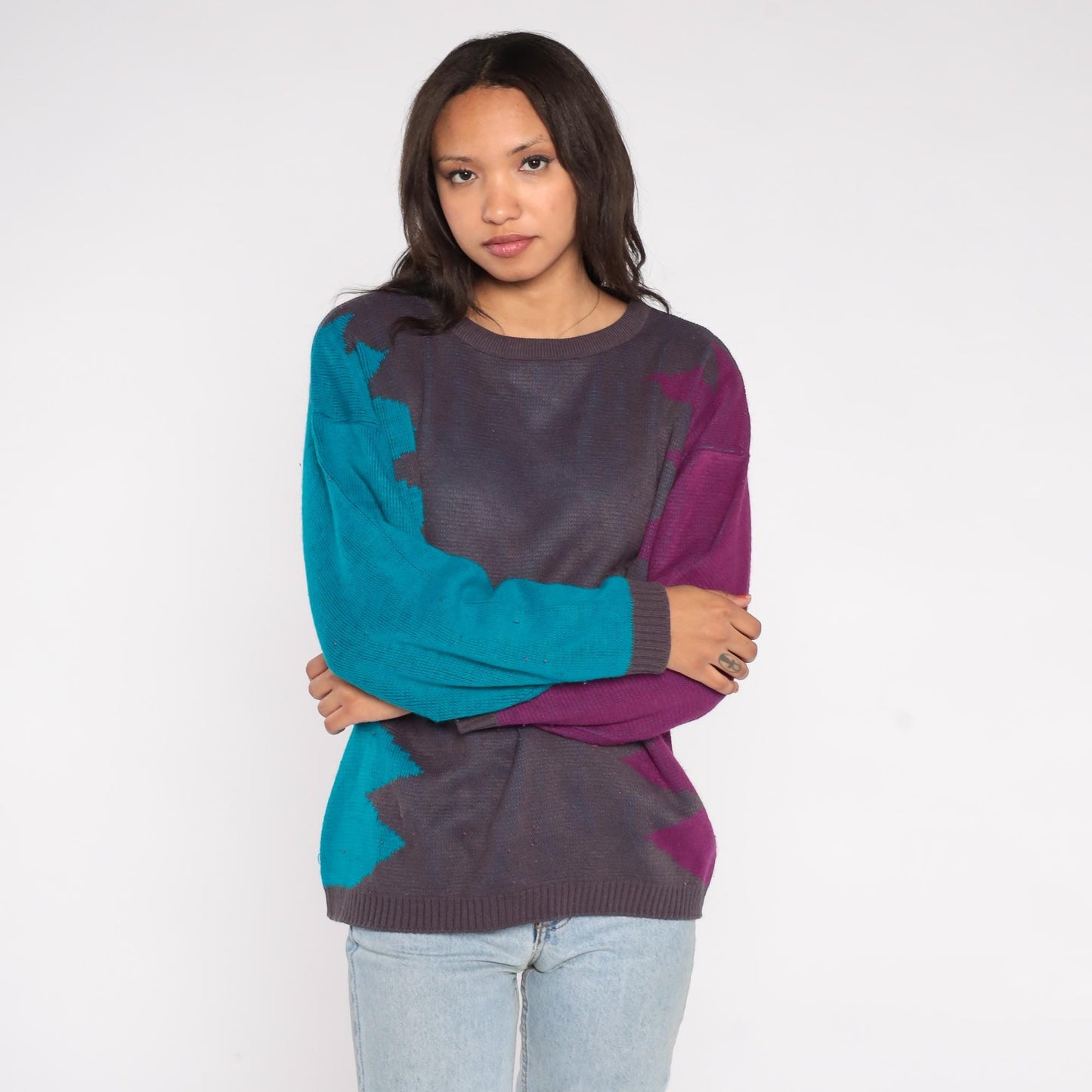 90s Geometric Color Block Sweater Teal Purple Charcoal Crewneck Medium