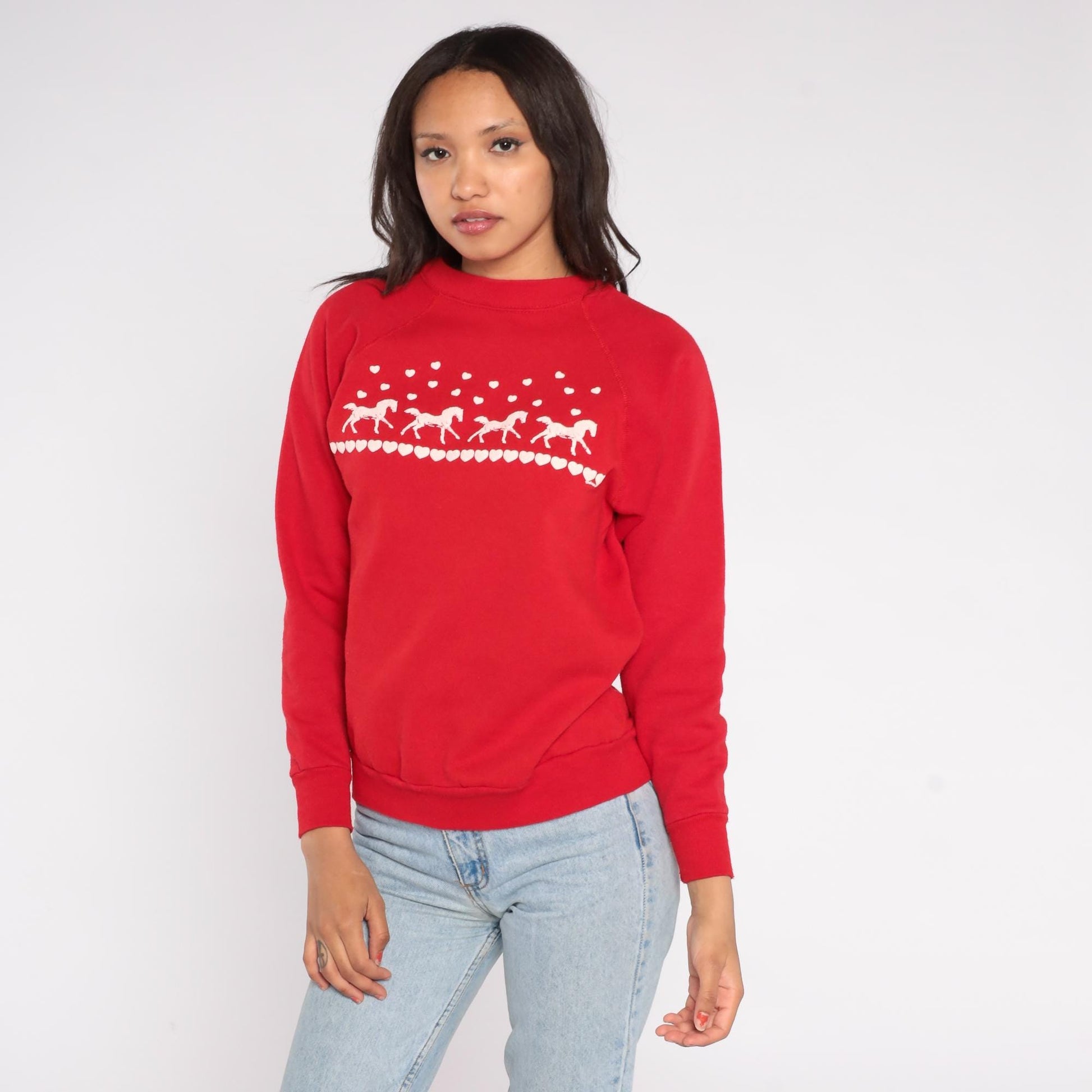 80s Joy Brass Horse Heart Sweatshirt Red Nordic Pattern Raglan Medium
