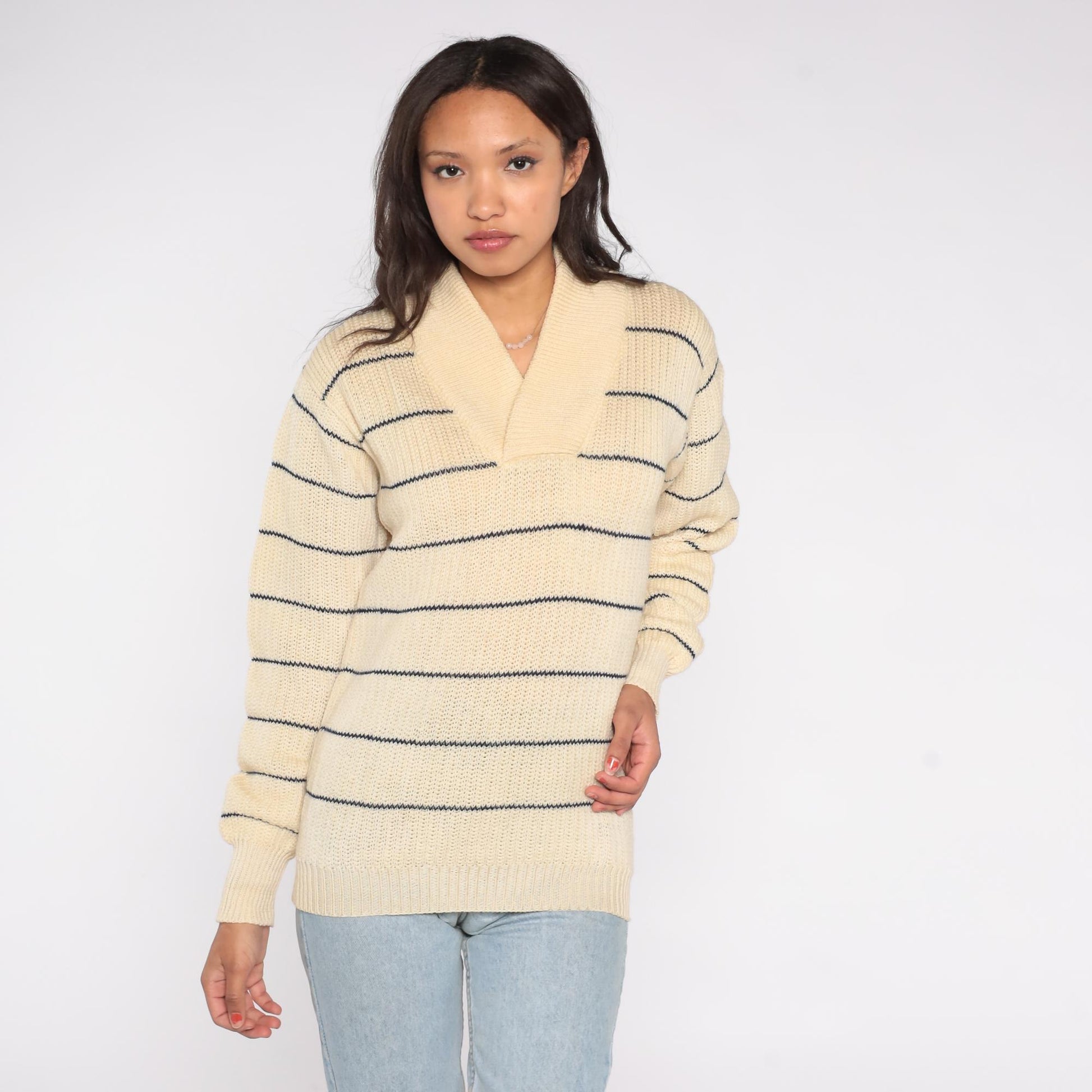 80s Hardy Amies London Wool Shawl Collar Sweater Cream Striped Medium