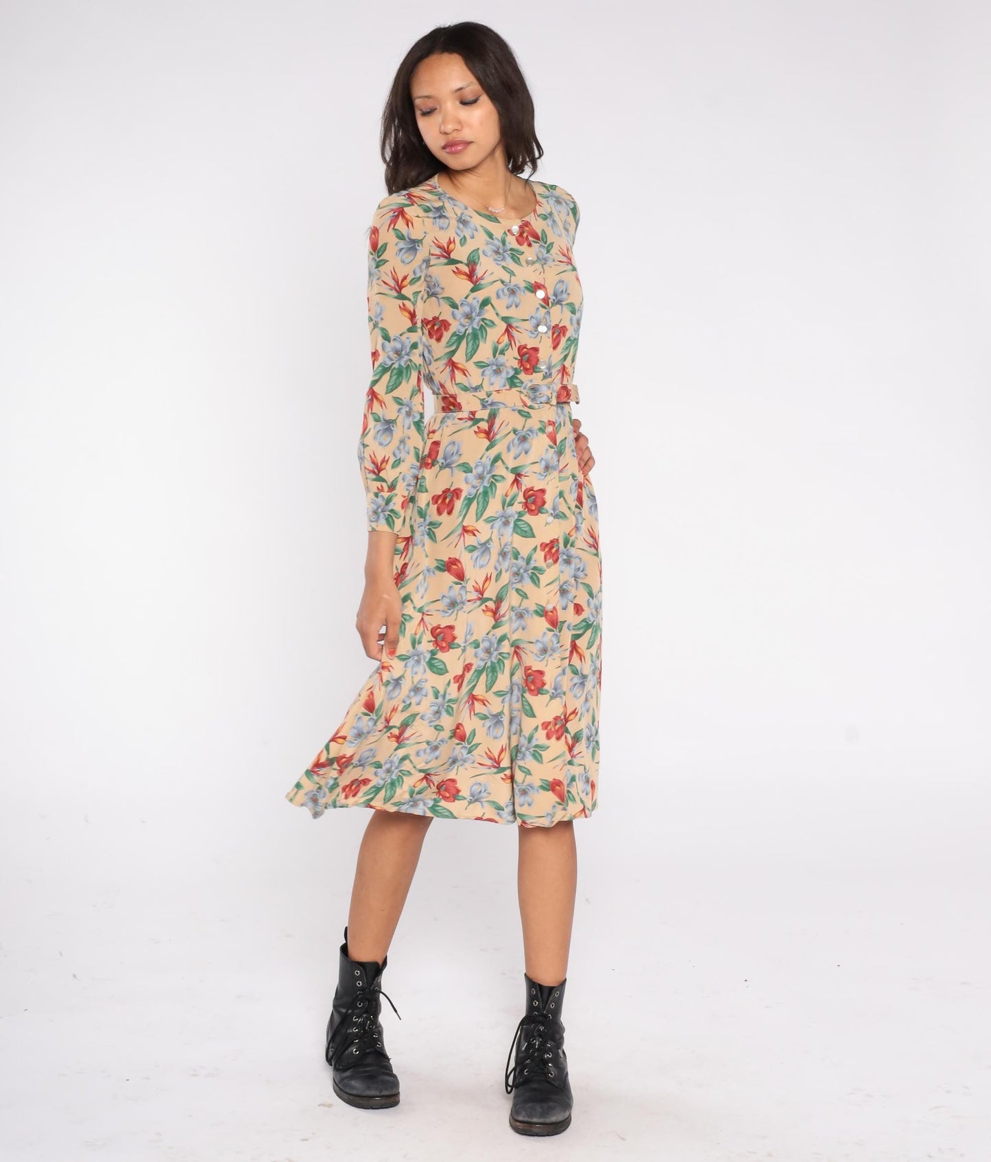 90s Liz Claiborne Floral Midi Dress Beige Rayon Button Front Belted Small