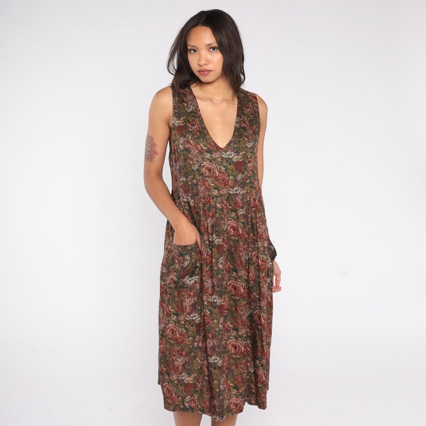 90s Floral Midi Dress Deep V Neck Fit and Flare Brown Green Rose Print Pockets Medium M