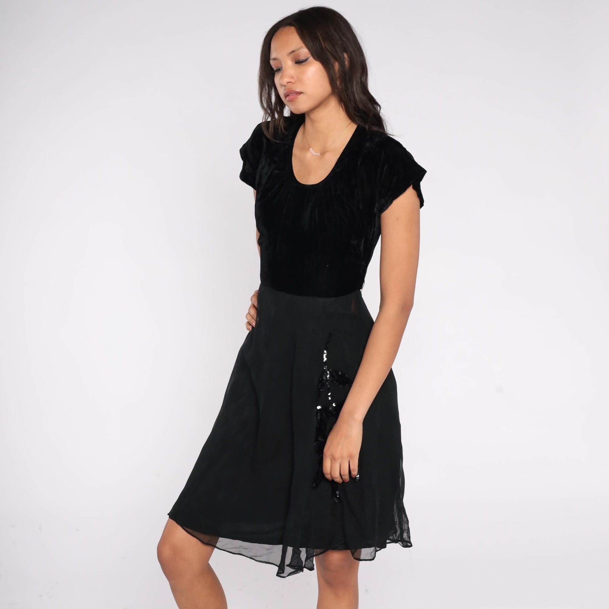 1940s Kayo Dress Black Velvet Sequin Floral Applique Fit and Flare Cocktail Dress Extra Small XS