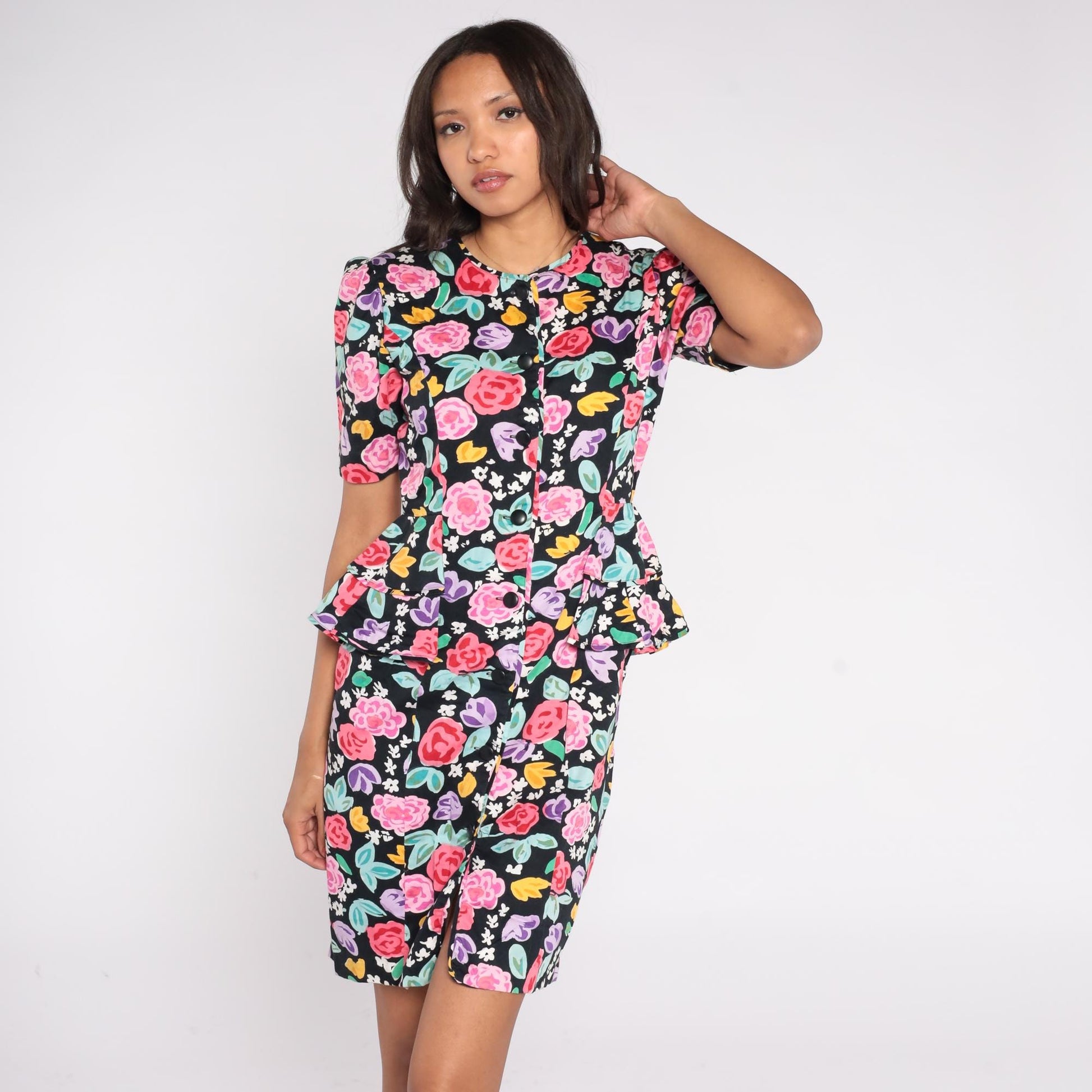 90s Petite Dimensions Floral Peplum Dress Black Cotton Button Front Small