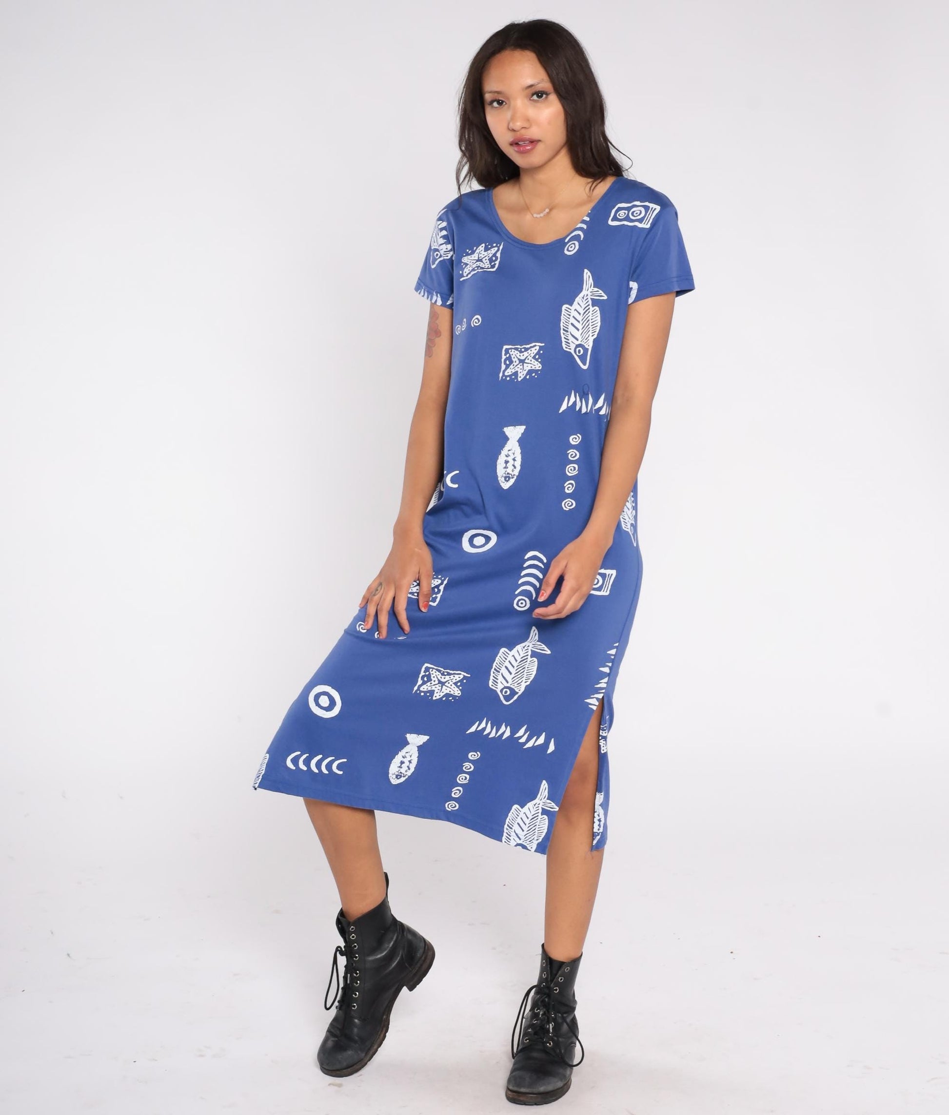90s Exist Sport Line Blue Fish Print Midi Dress Scoop Neck Short Sleeve Small